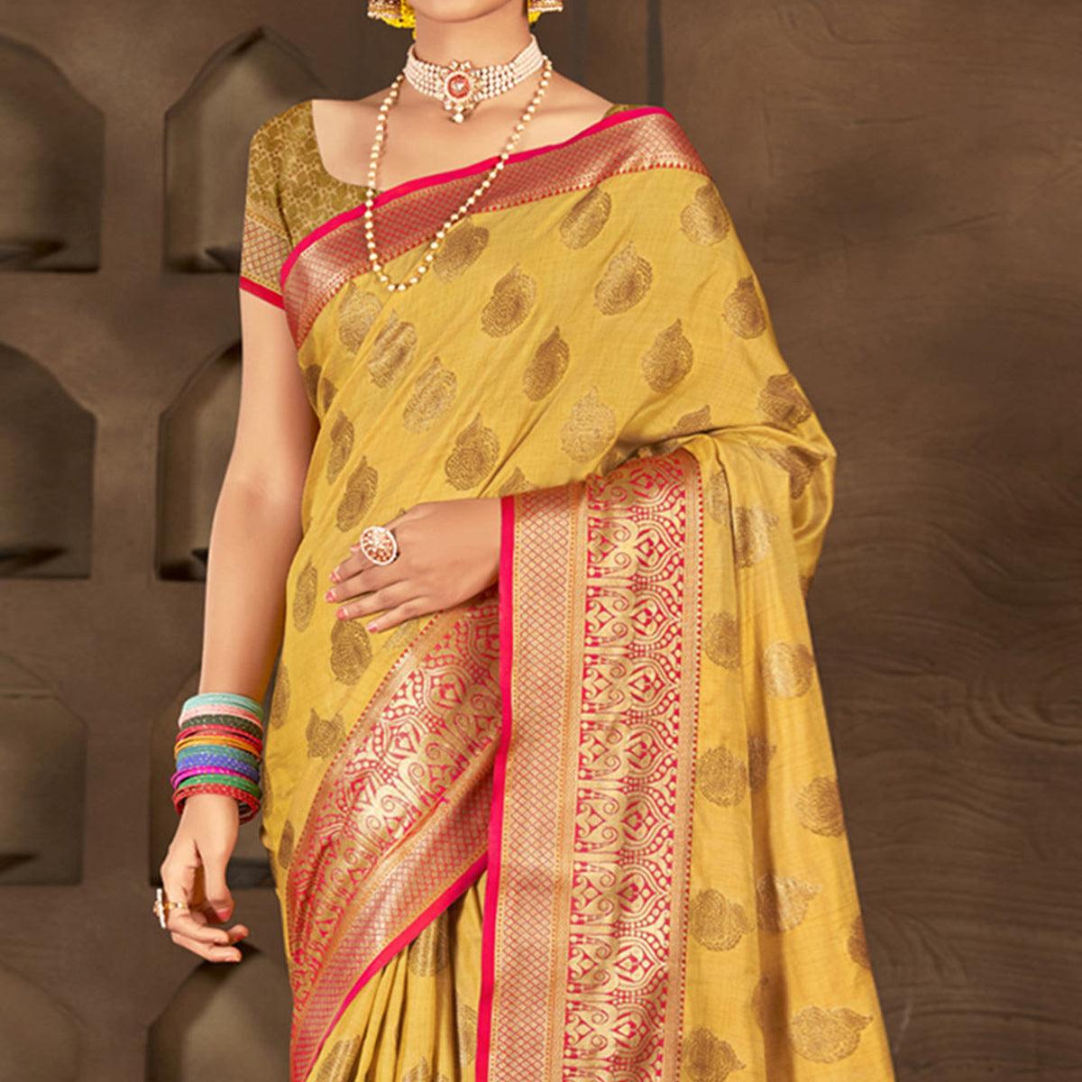 Yellow Woven Poly Cotton Saree - Peachmode