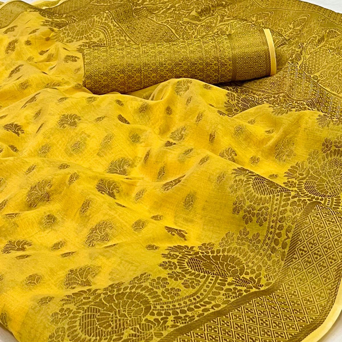 Yellow Woven Poly Cotton Saree - Peachmode