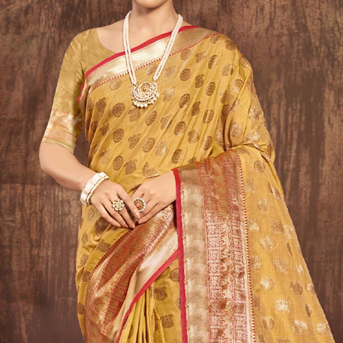 Yellow Woven Poly Cotton Saree - Peachmode