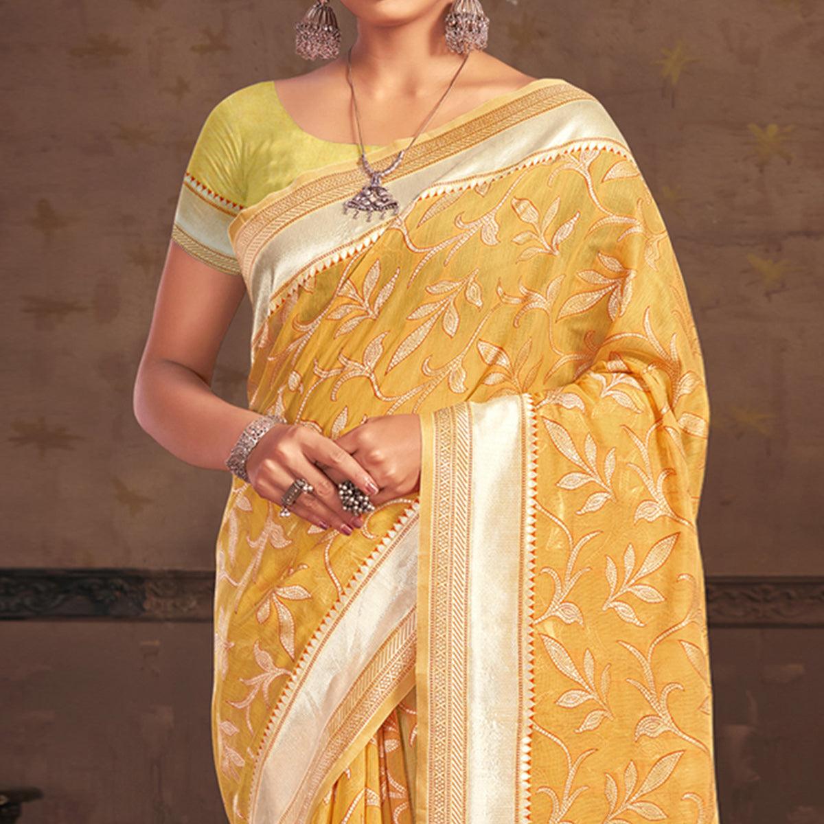 Yellow Woven Poly Cotton Saree - Peachmode