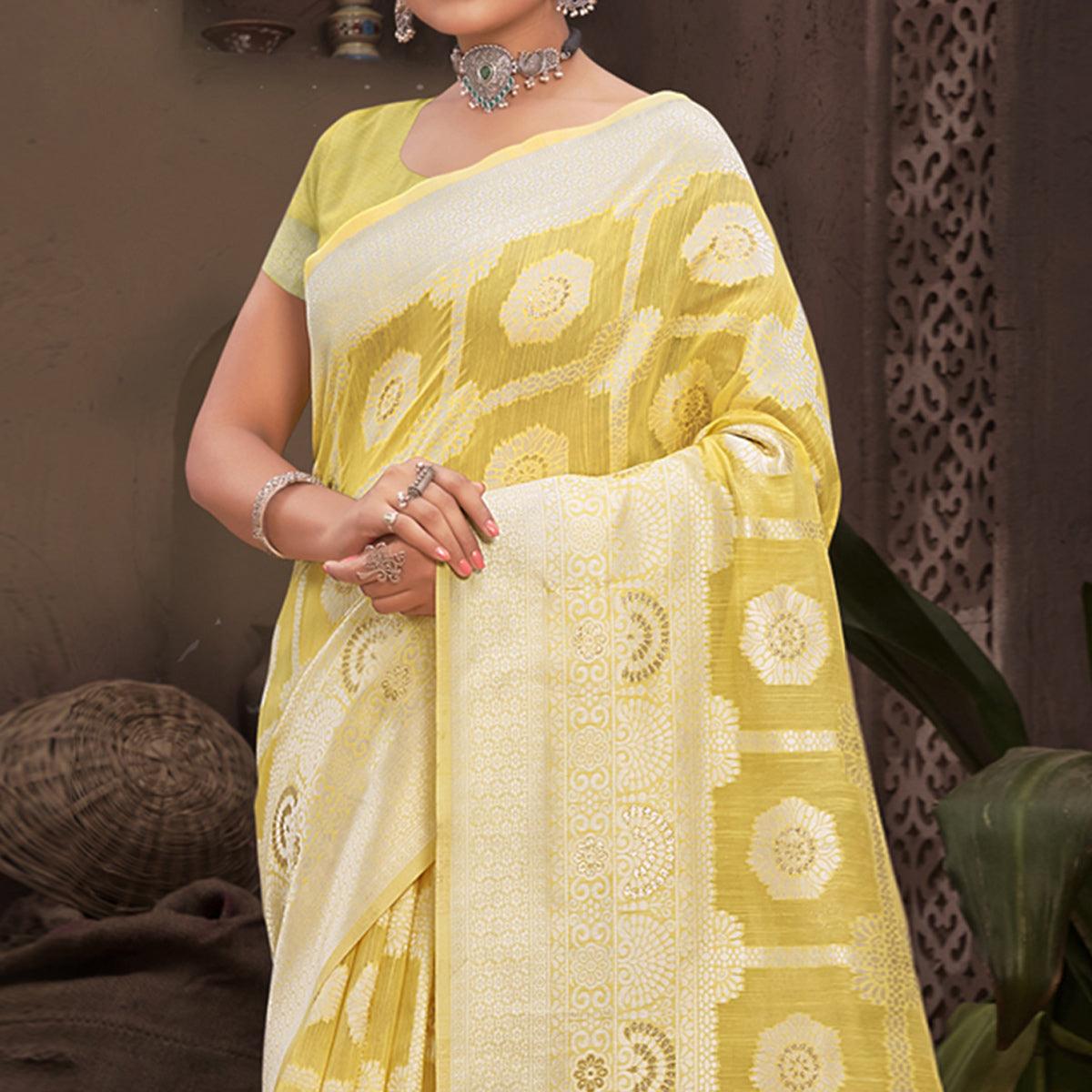 Yellow Woven Poly Cotton Saree - Peachmode