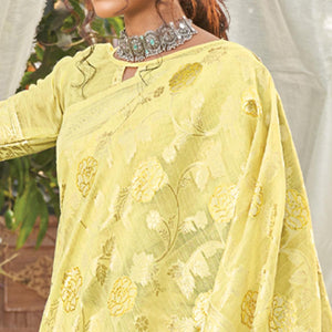 Yellow Woven Poly Cotton Saree - Peachmode