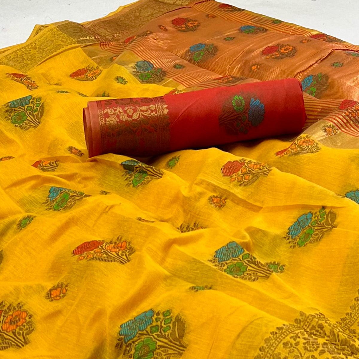 Yellow Woven Poly Cotton Saree - Peachmode