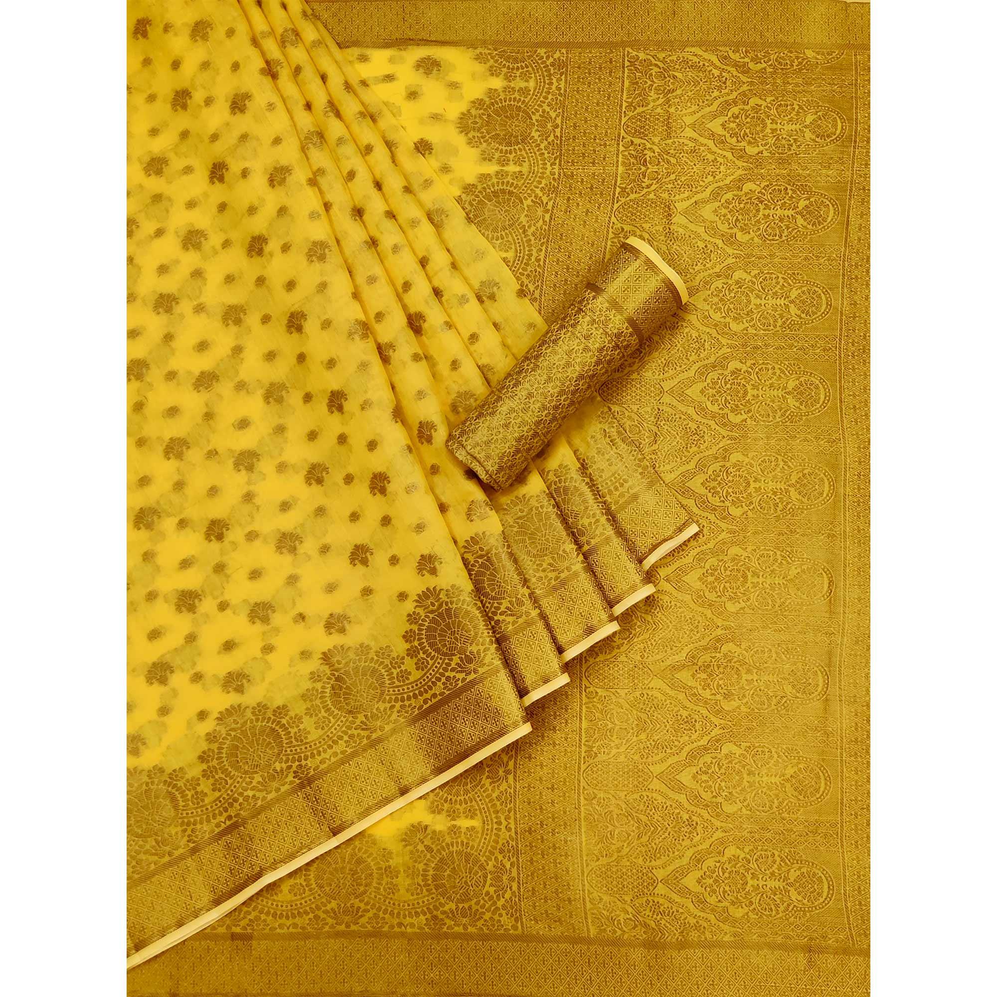 Yellow Woven Poly Cotton Saree - Peachmode