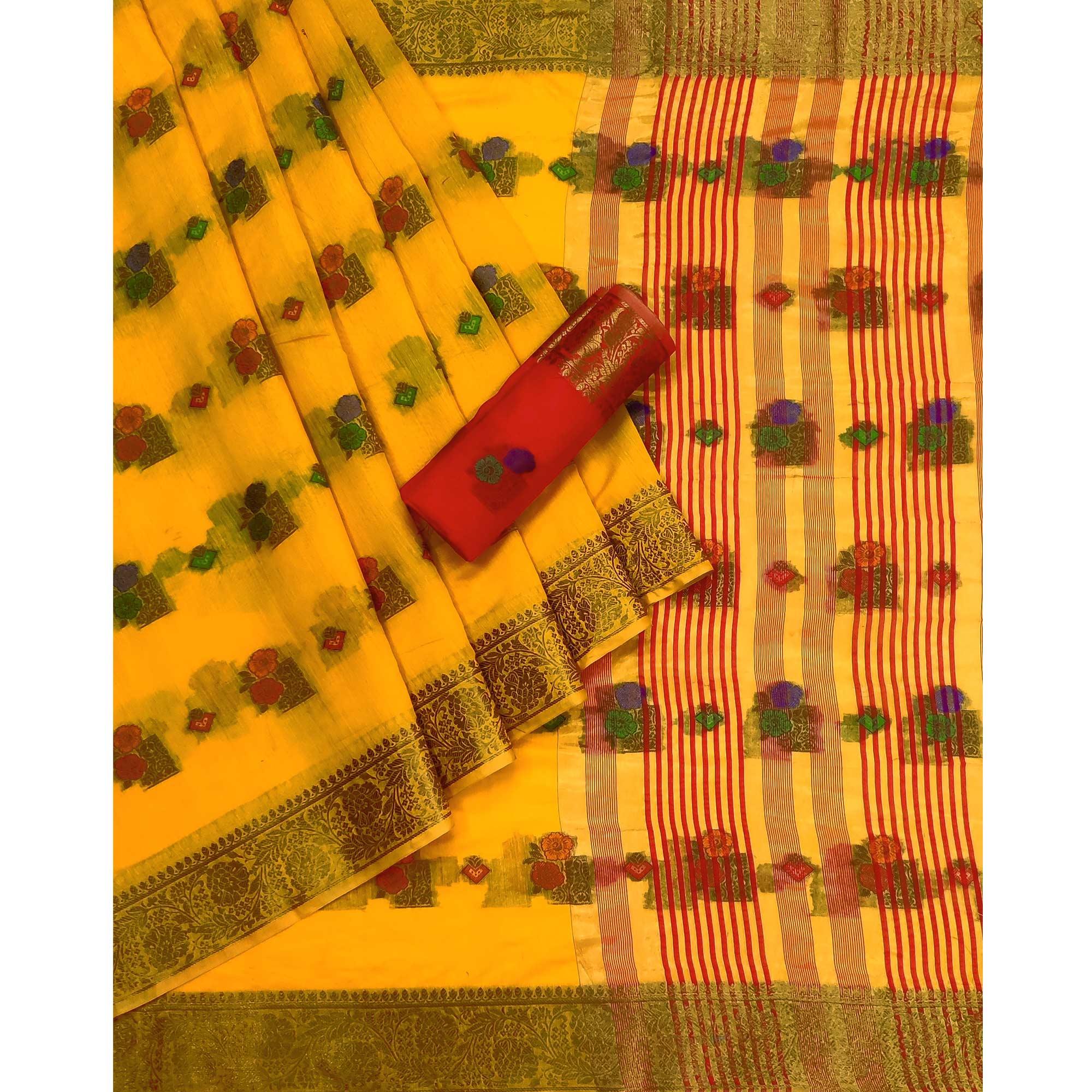 Yellow Woven Poly Cotton Saree - Peachmode