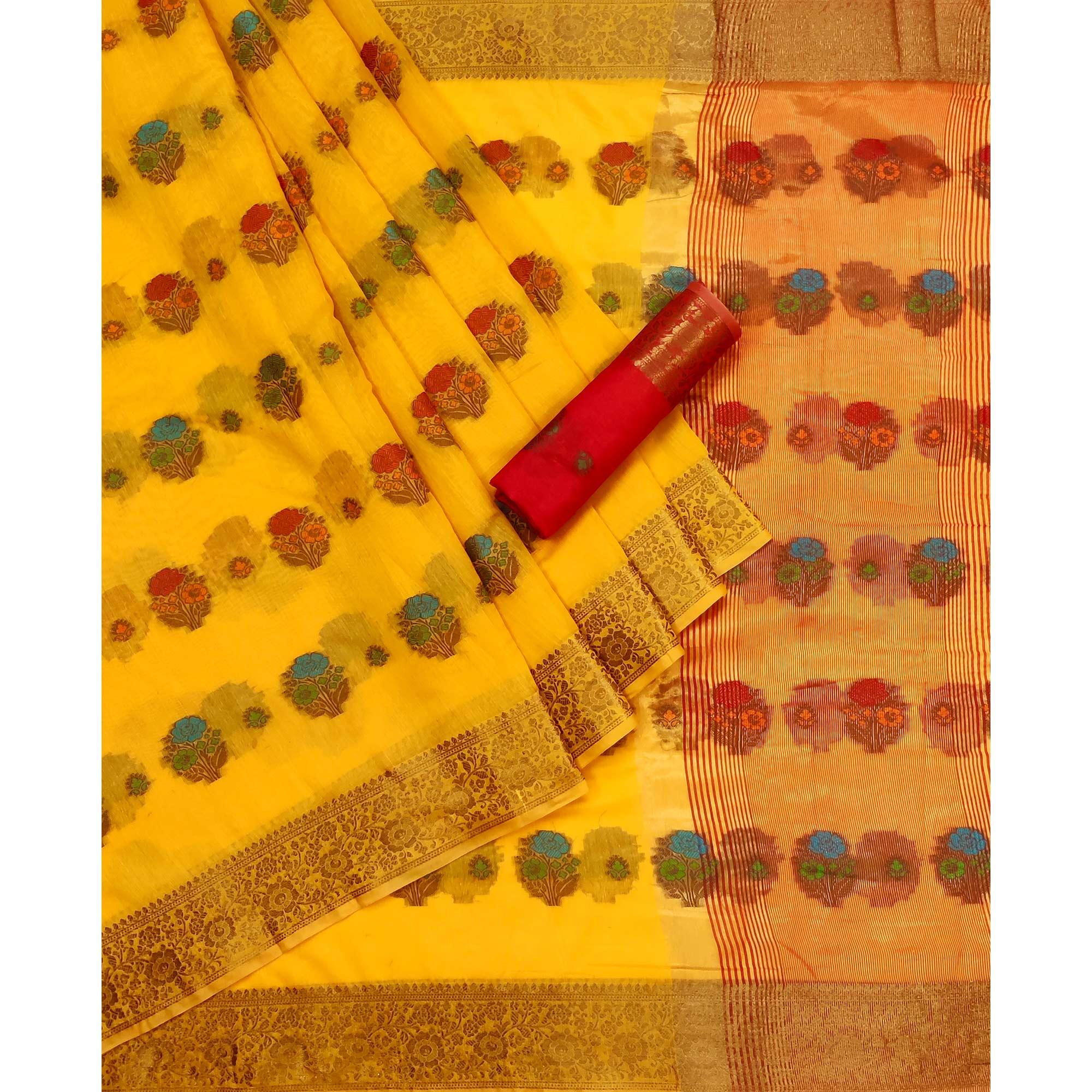 Yellow Woven Poly Cotton Saree - Peachmode