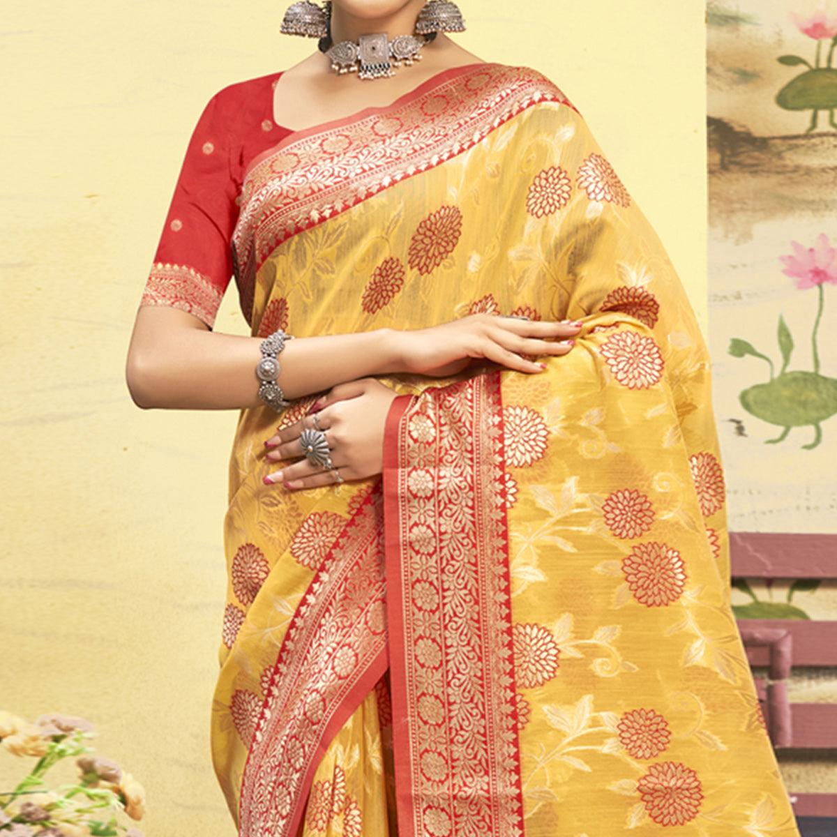 Yellow Woven Poly Cotton Saree With Tassels - Peachmode