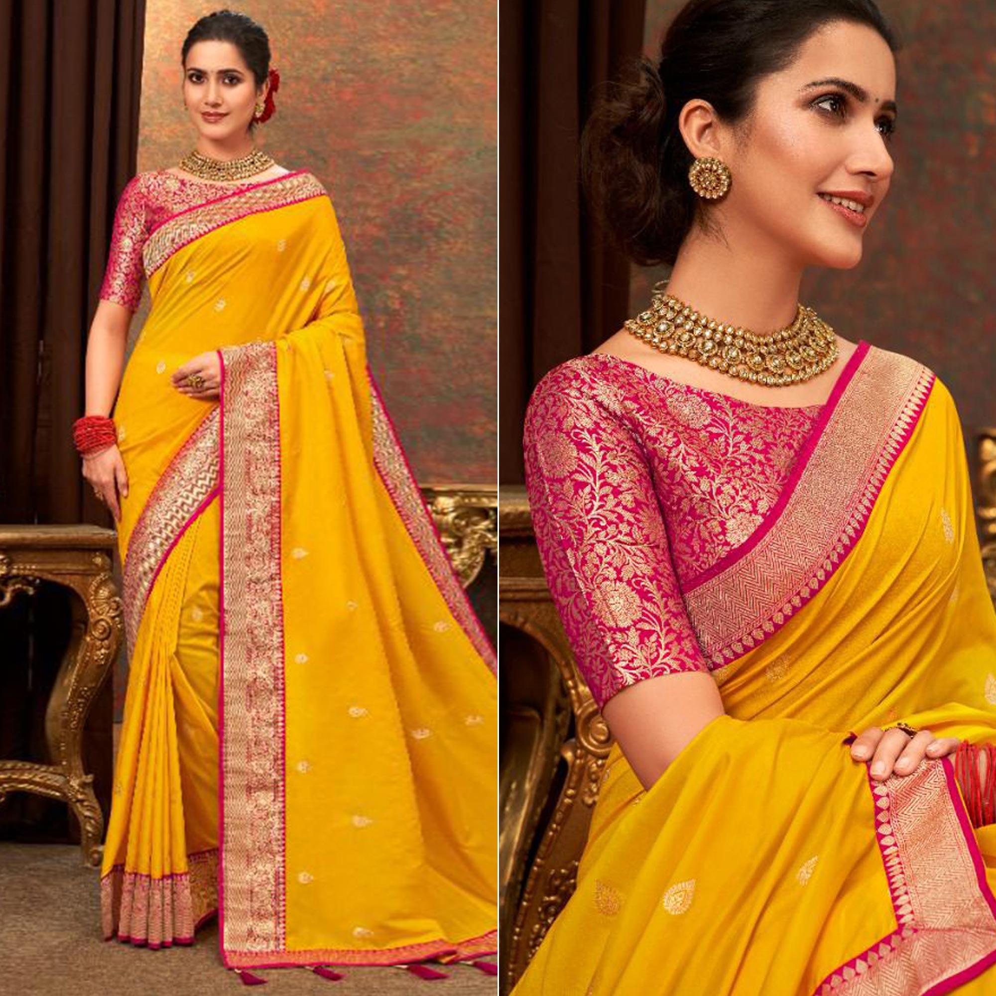 Yellow Woven Pure Silk Saree With Tassels - Peachmode
