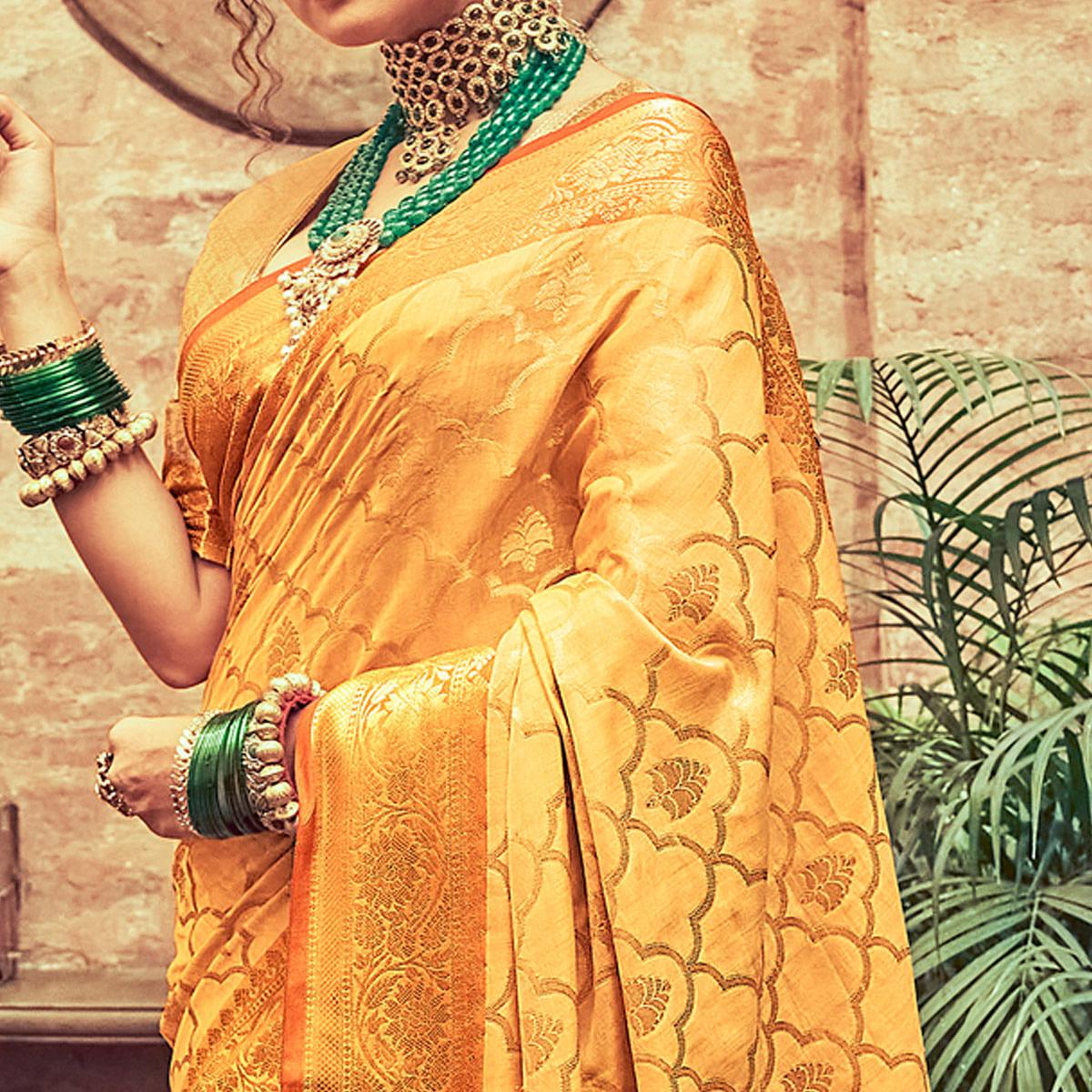 Yellow Woven Pure Silk Saree With Tassels - Peachmode