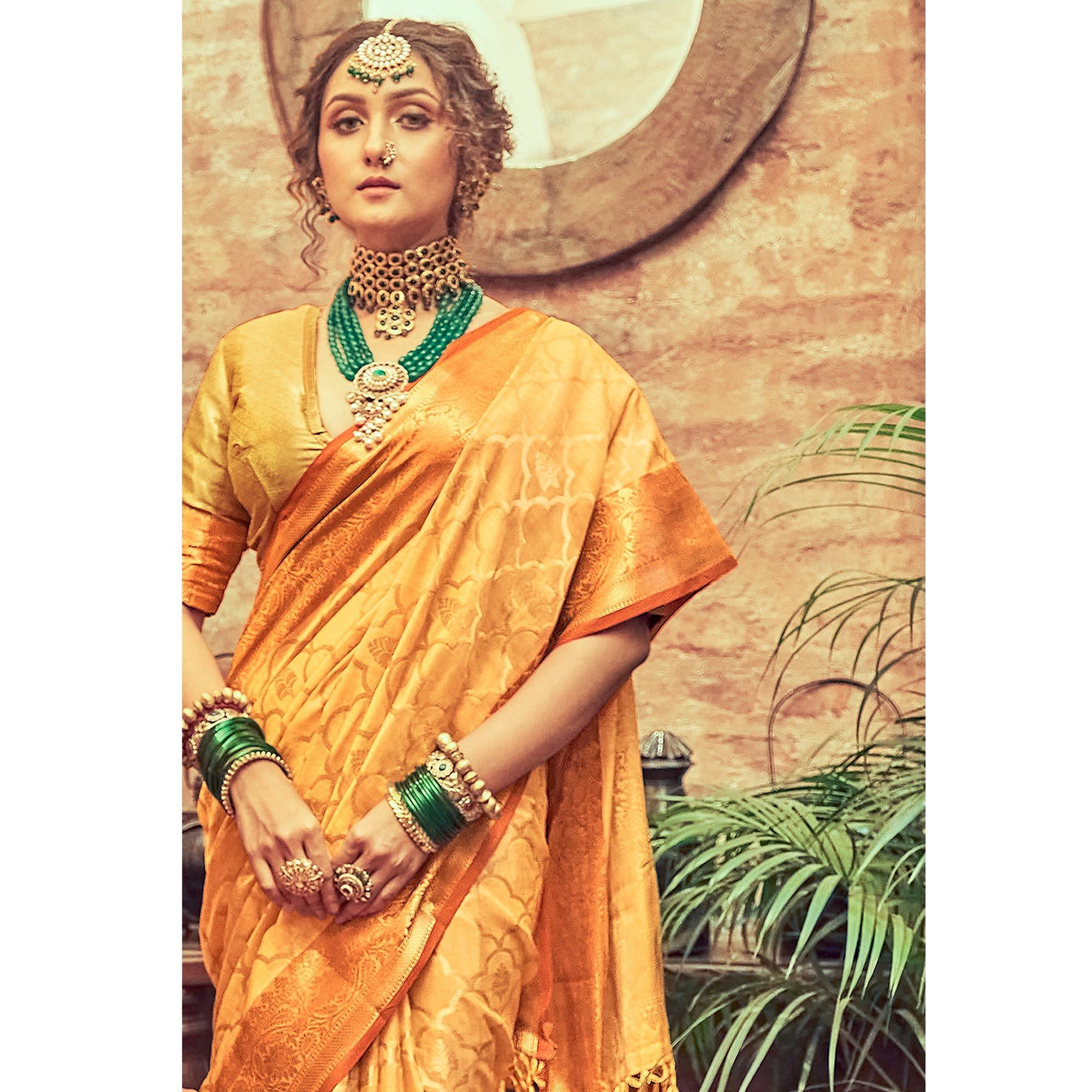 Yellow Woven Pure Silk Saree With Tassels - Peachmode