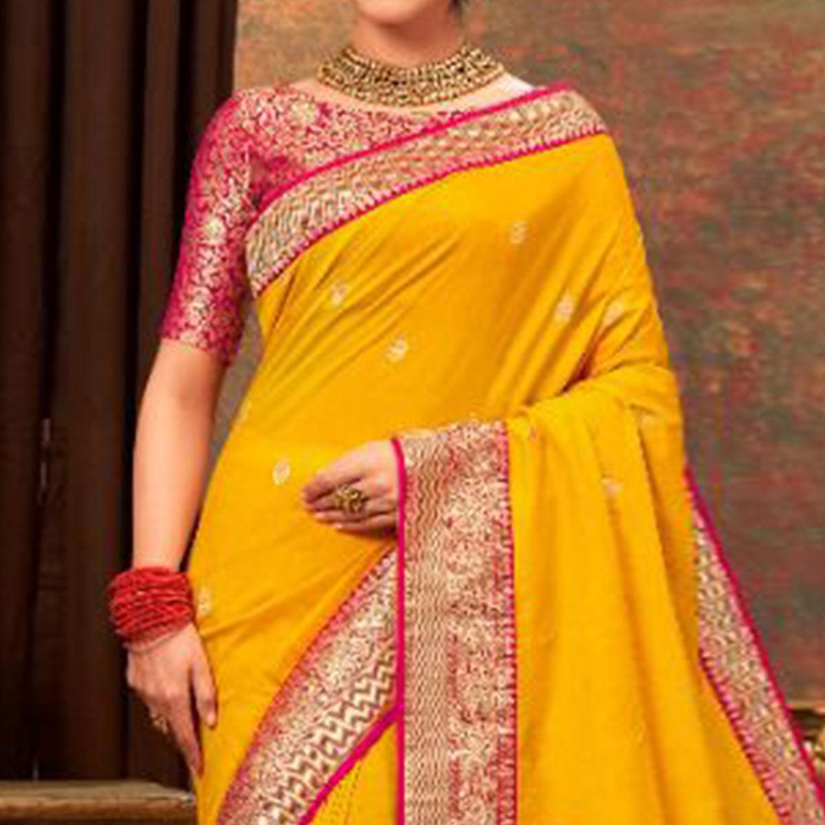 Yellow Woven Pure Silk Saree With Tassels - Peachmode