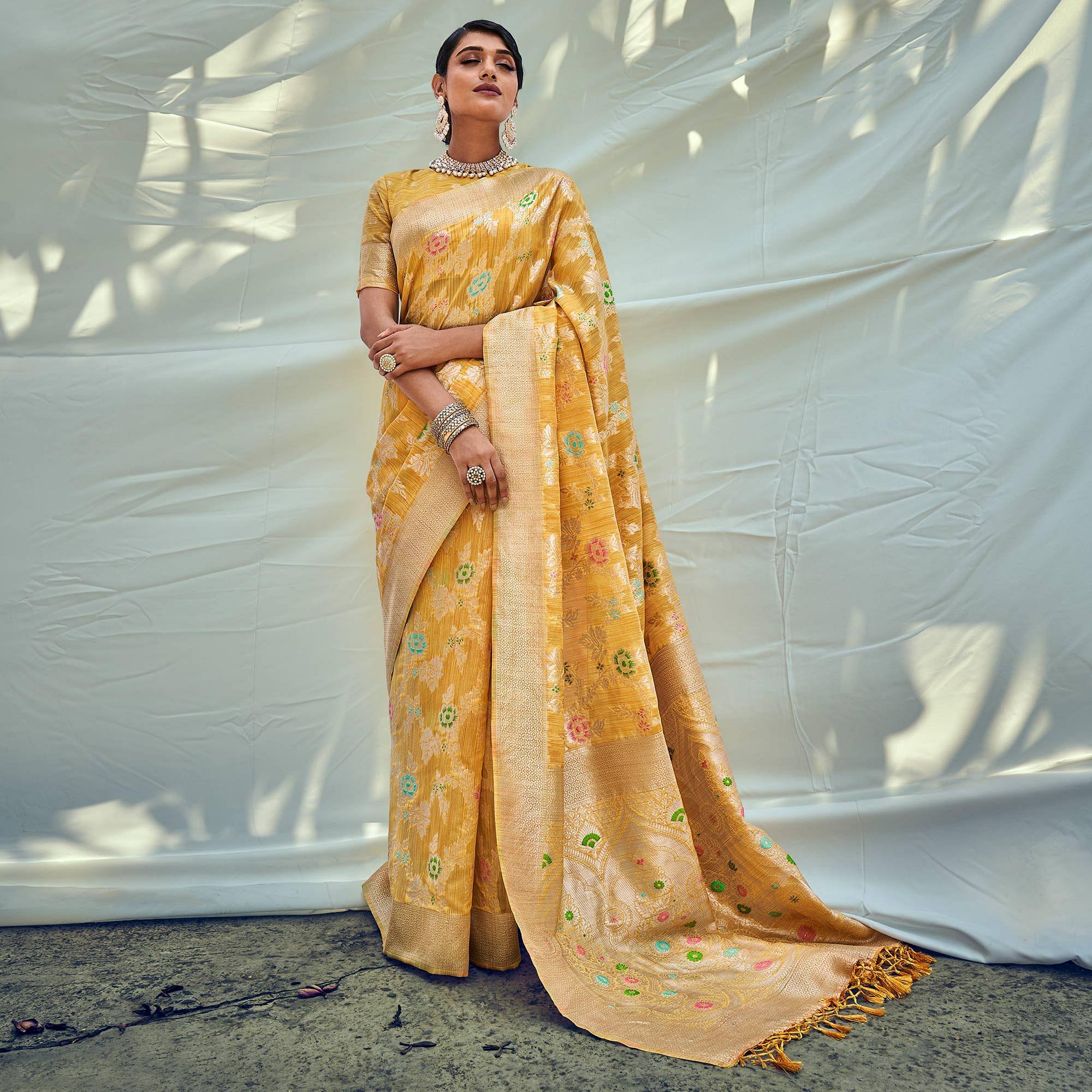 Yellow Woven Pure Silk Saree With Tassels - Peachmode