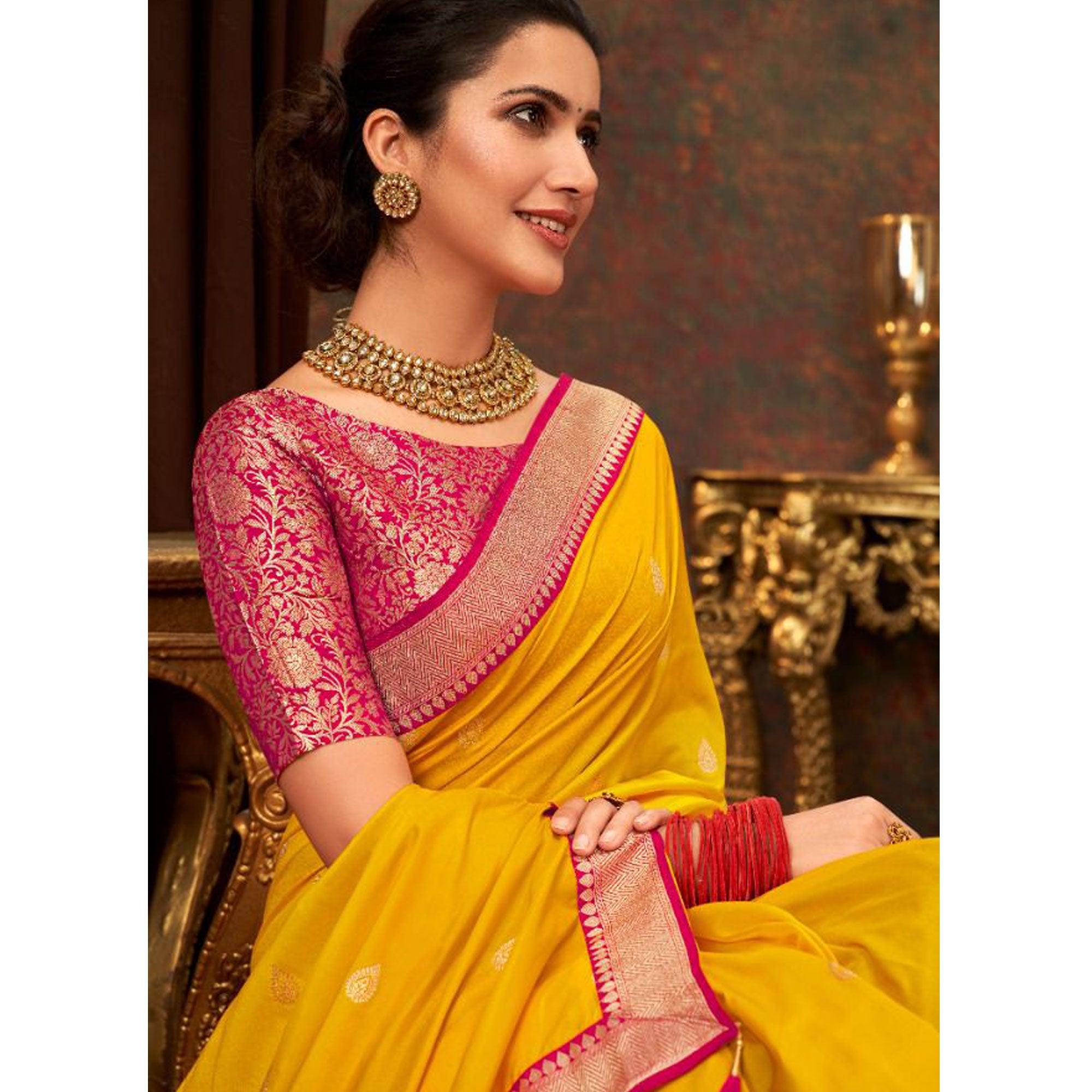 Yellow Woven Pure Silk Saree With Tassels - Peachmode