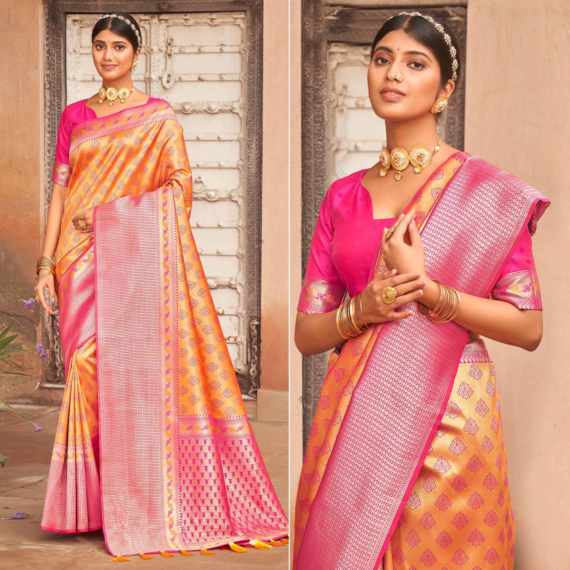 Yellow Woven Silk Saree With Tassels - Peachmode