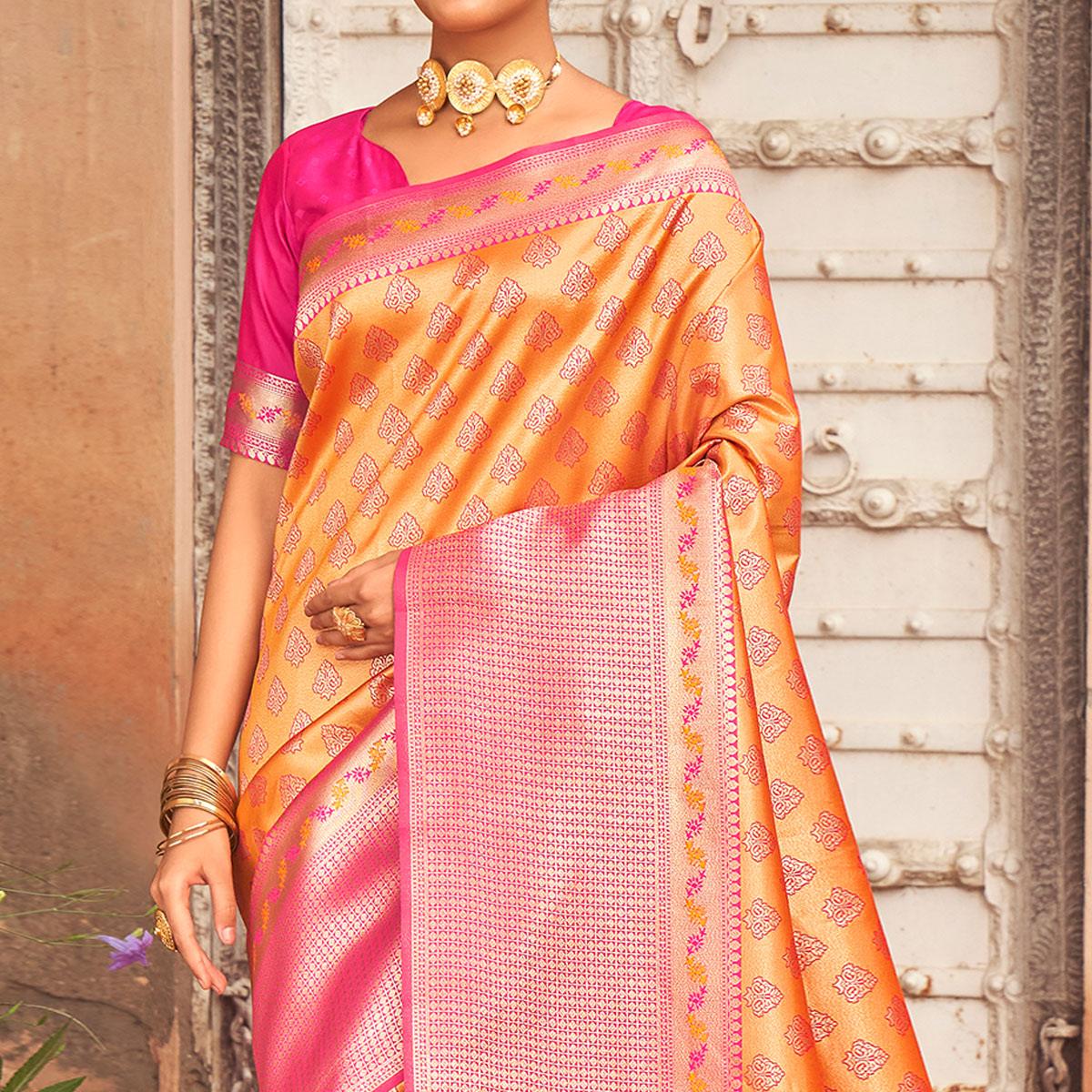 Yellow Woven Silk Saree With Tassels - Peachmode
