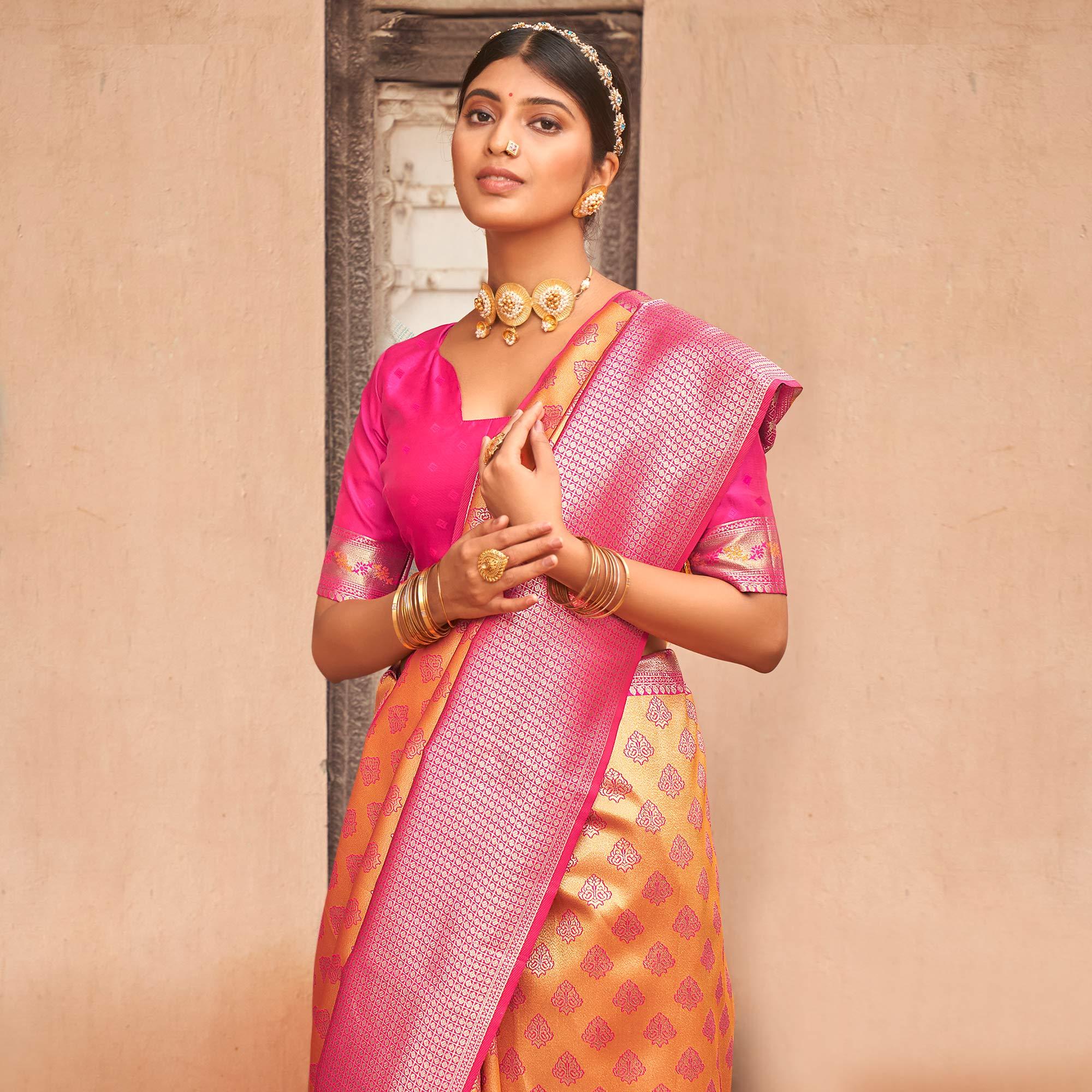 Yellow Woven Silk Saree With Tassels - Peachmode