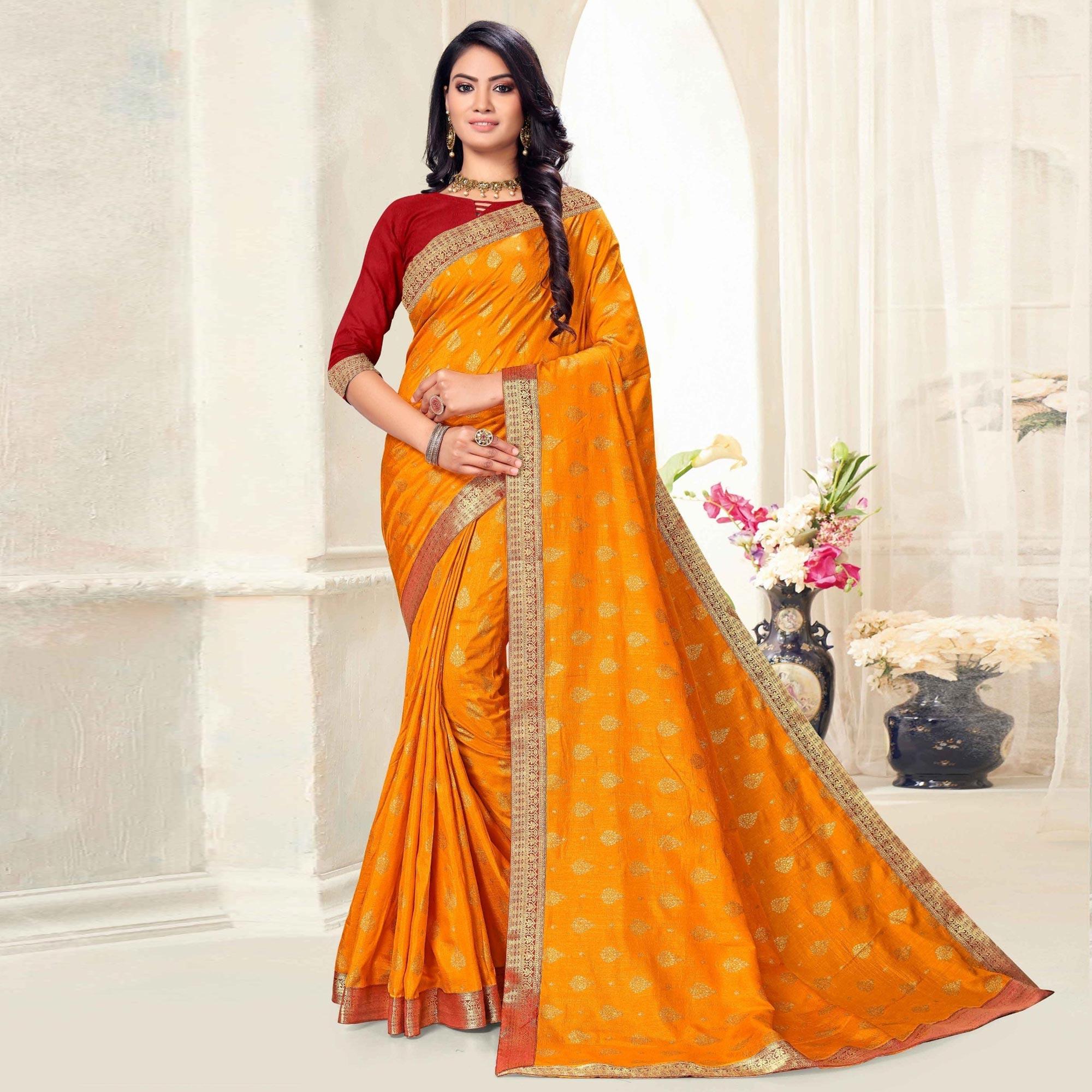 Yellow Woven Vichitra Silk Saree - Peachmode