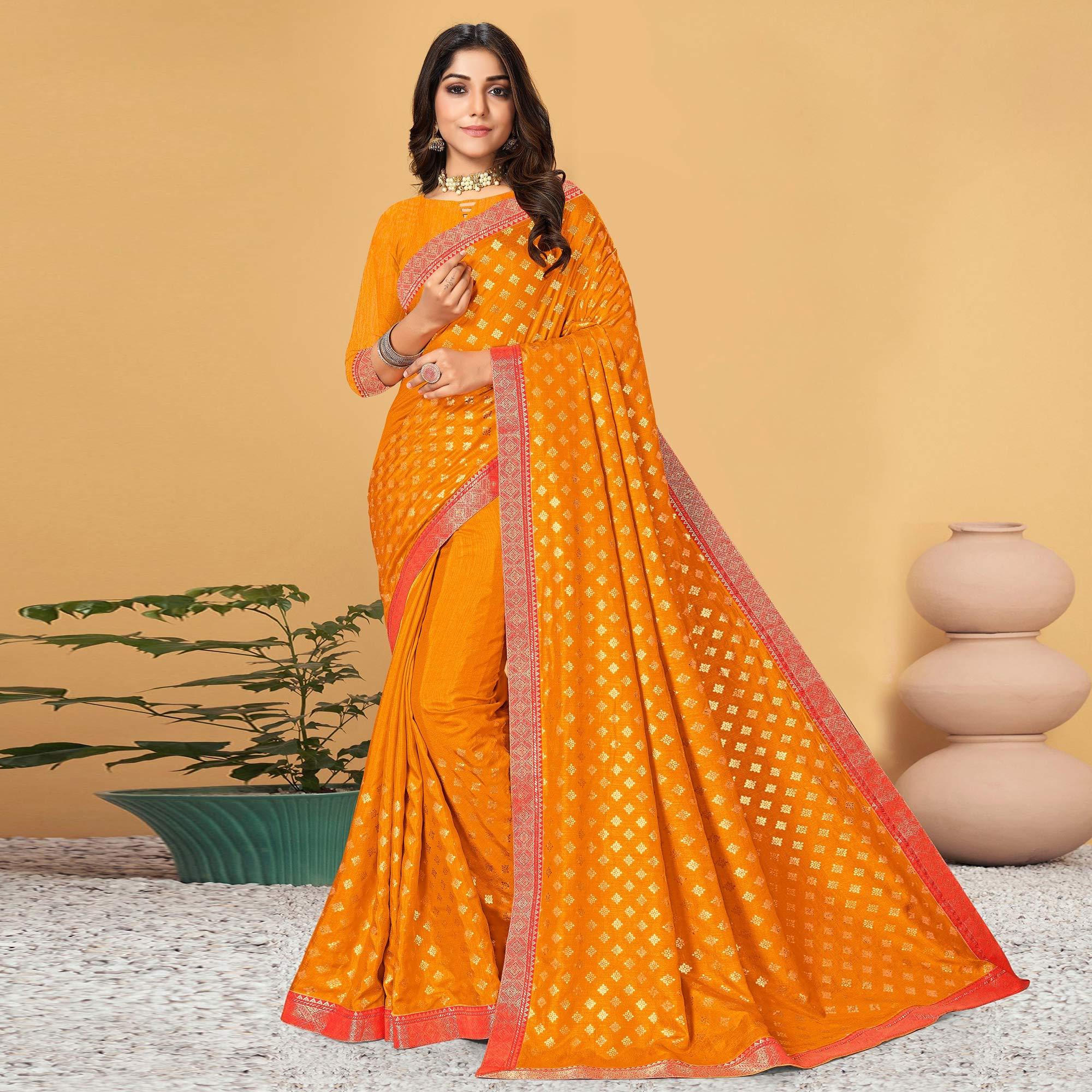 Yellow Woven Vichitra Silk Saree - Peachmode