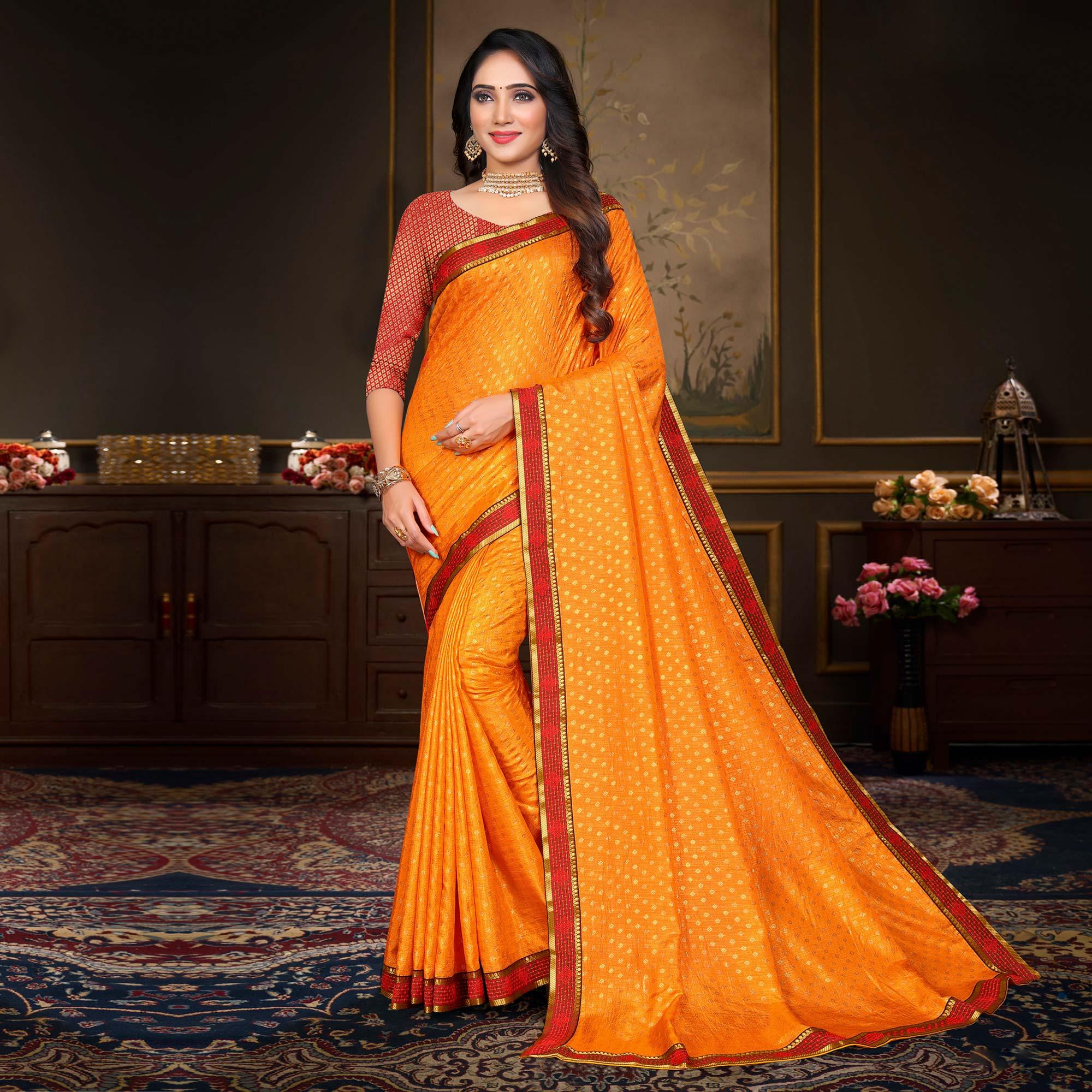 Yellow Woven Vichitra Silk Saree - Peachmode