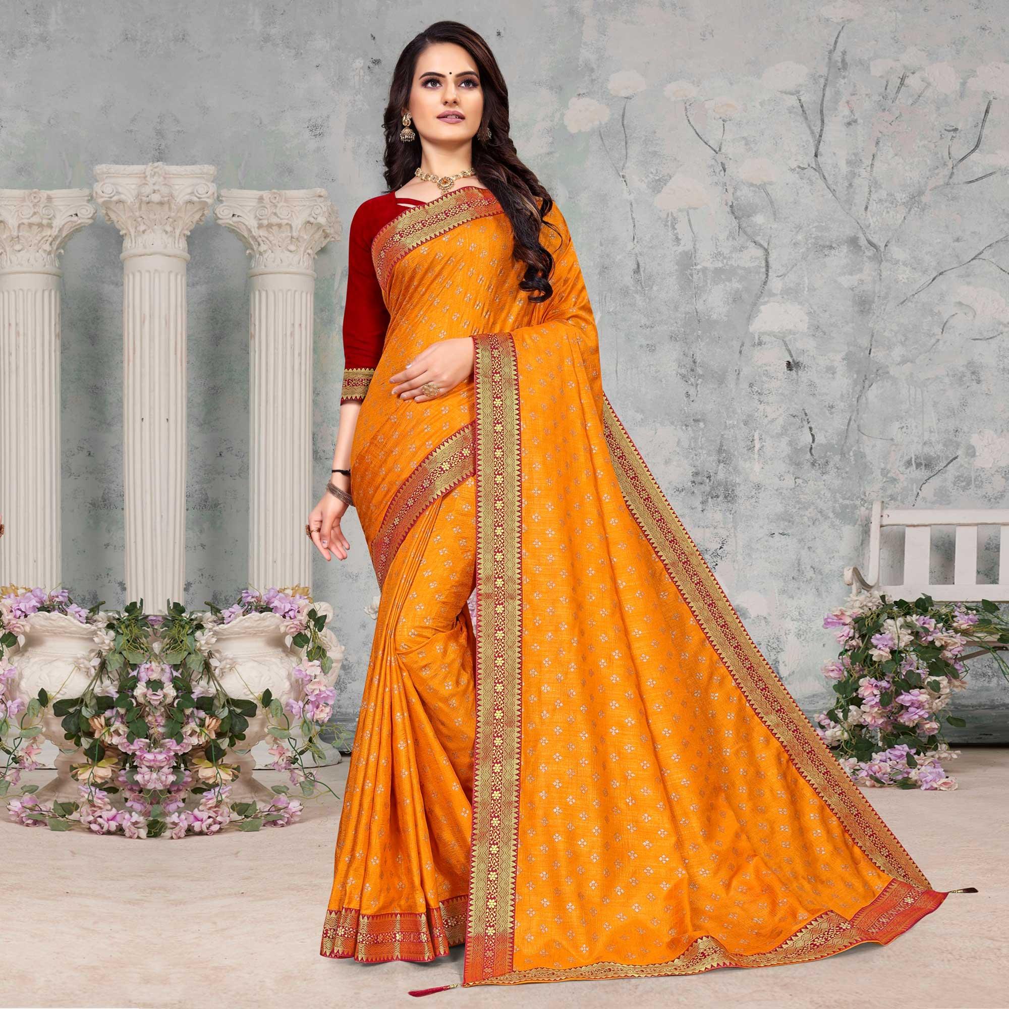 Yellow Woven Vichitra Silk Saree - Peachmode