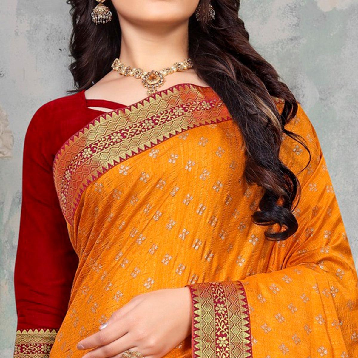 Yellow Woven Vichitra Silk Saree - Peachmode