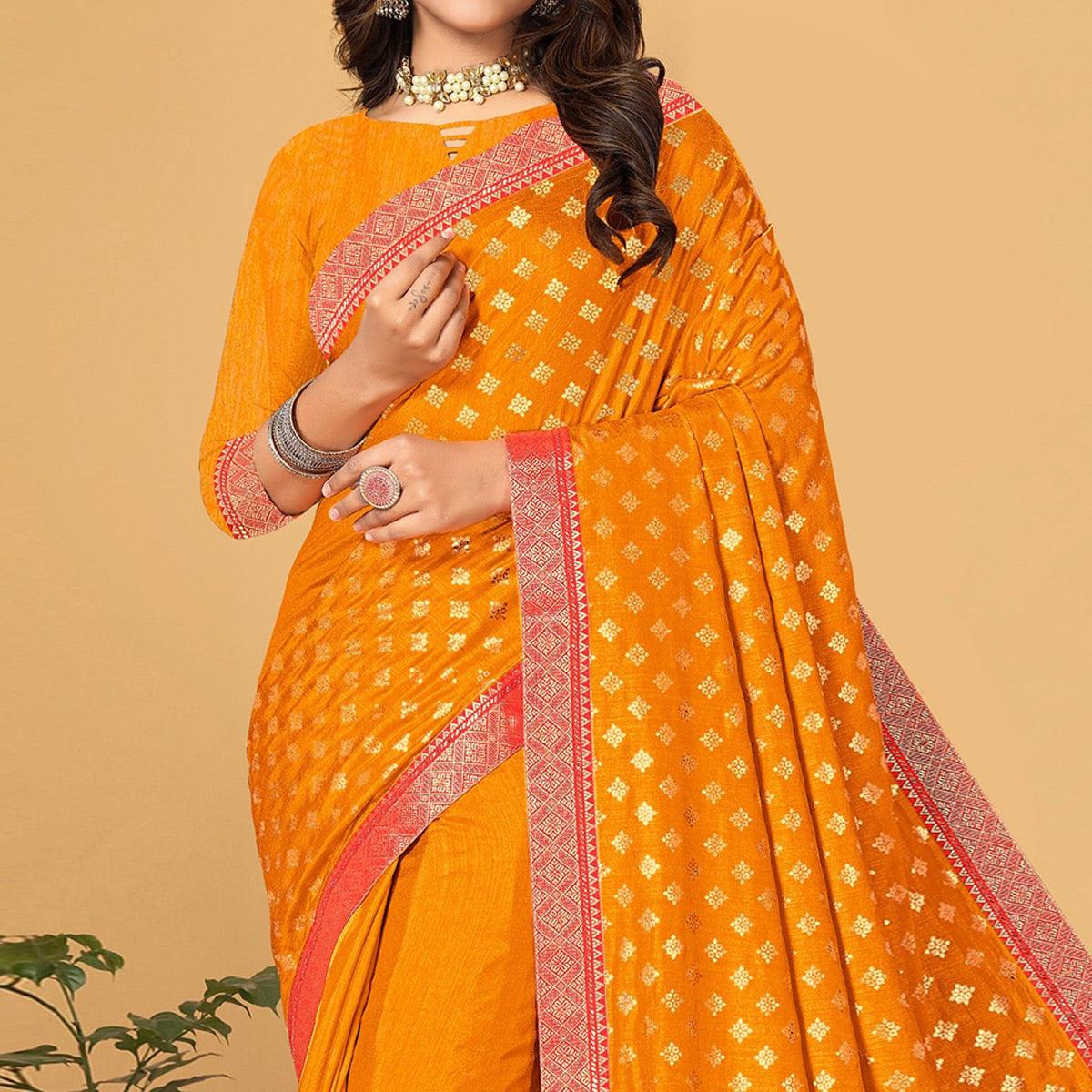 Yellow Woven Vichitra Silk Saree - Peachmode