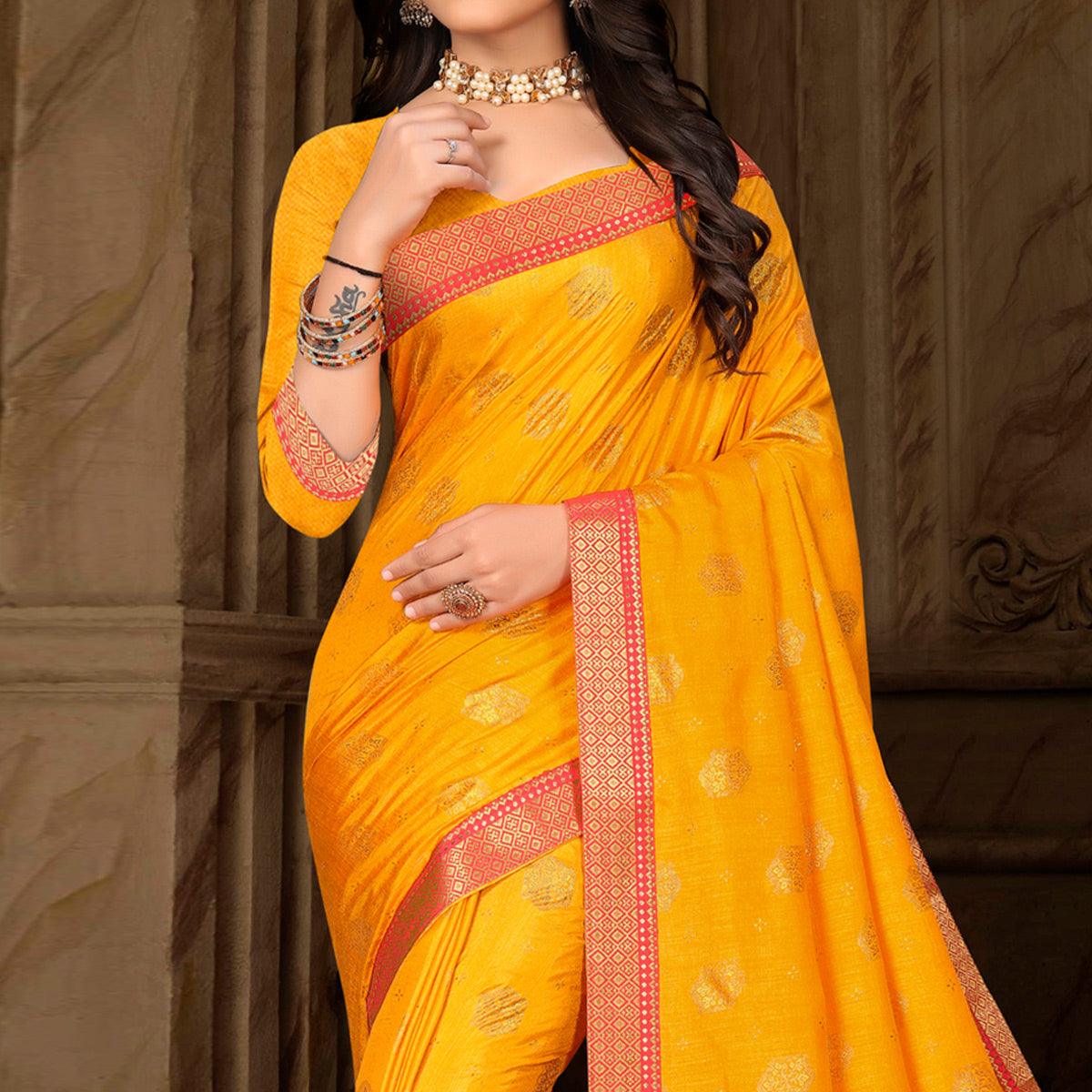 Yellow Woven Vichitra Silk Saree - Peachmode