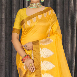 Yellow Woven With Embellished Poly Cotton Saree - Peachmode