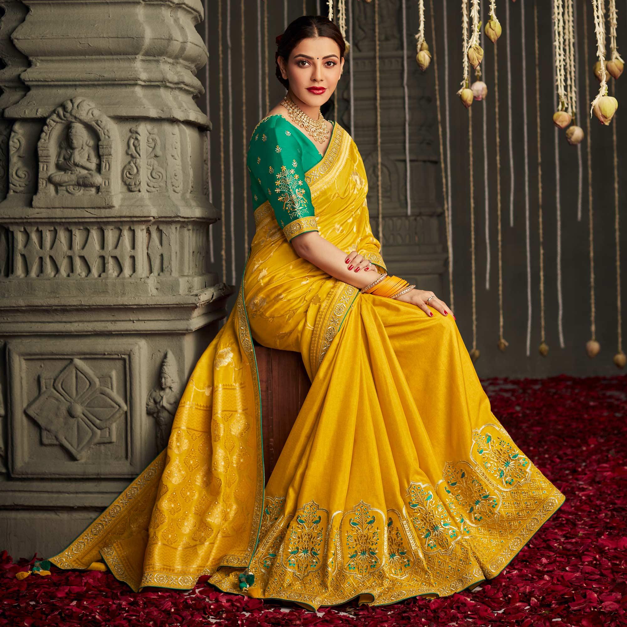Yellow Woven With Embroidered Art Silk Saree With Tassels - Peachmode
