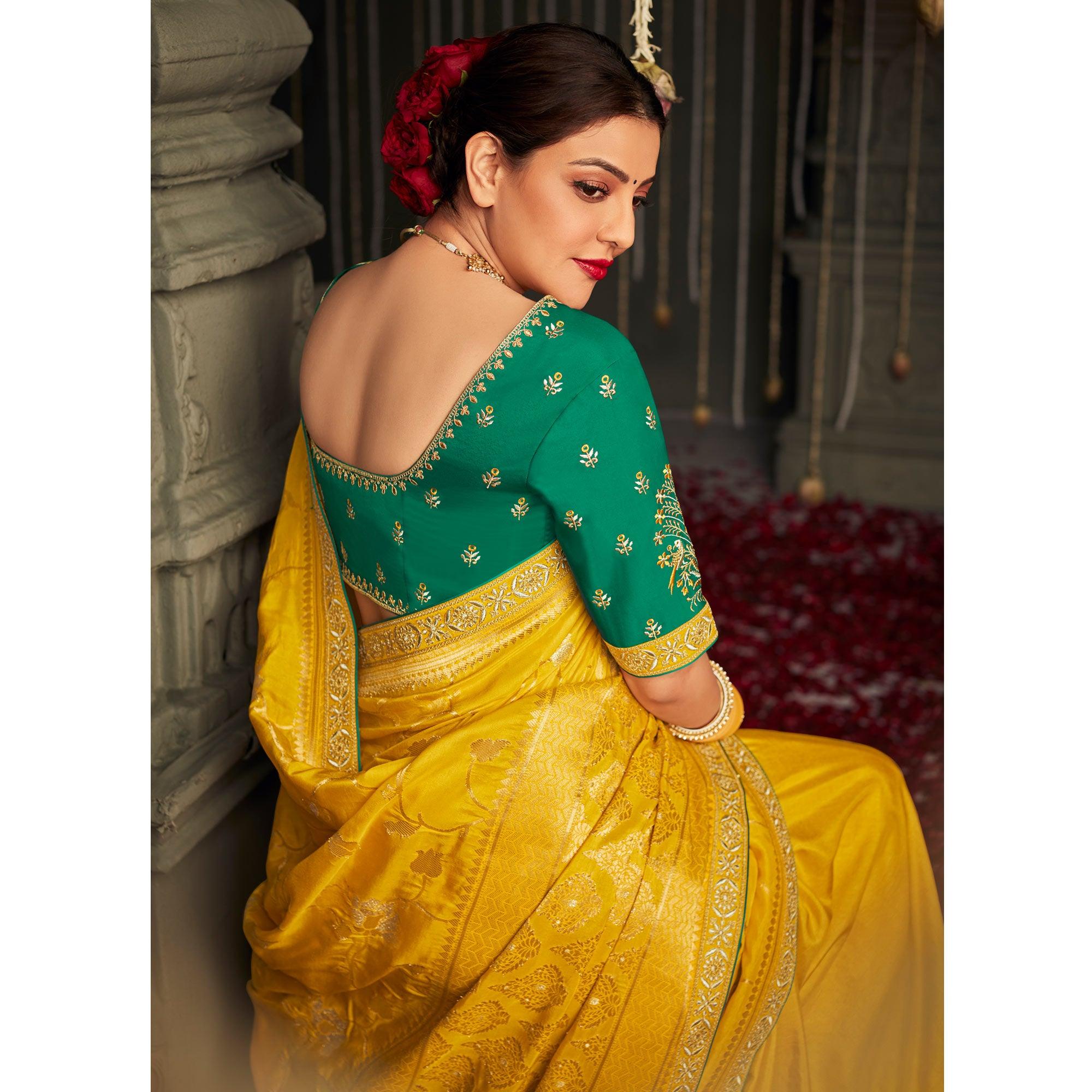 Yellow Woven With Embroidered Art Silk Saree With Tassels - Peachmode