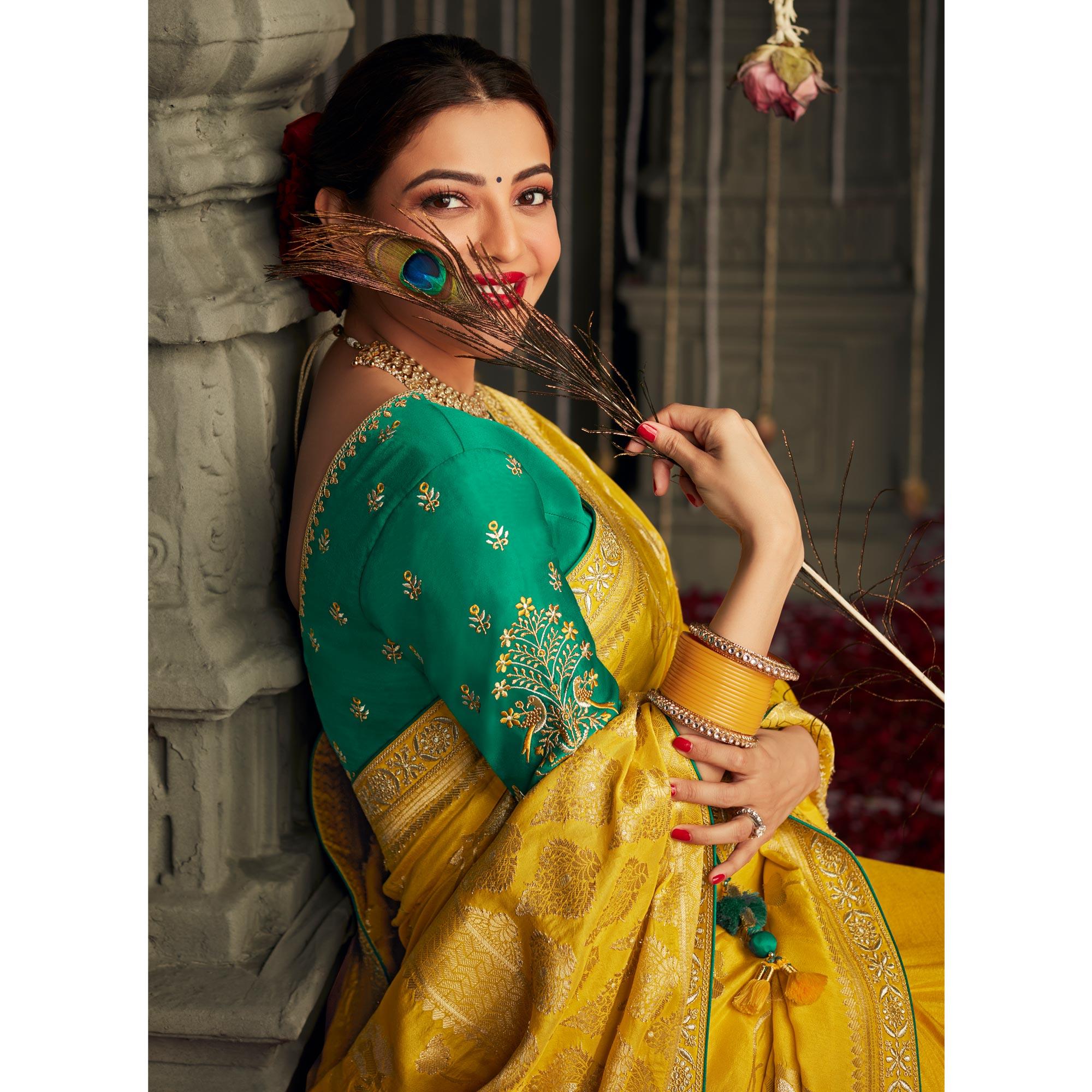 Yellow Woven With Embroidered Art Silk Saree With Tassels - Peachmode
