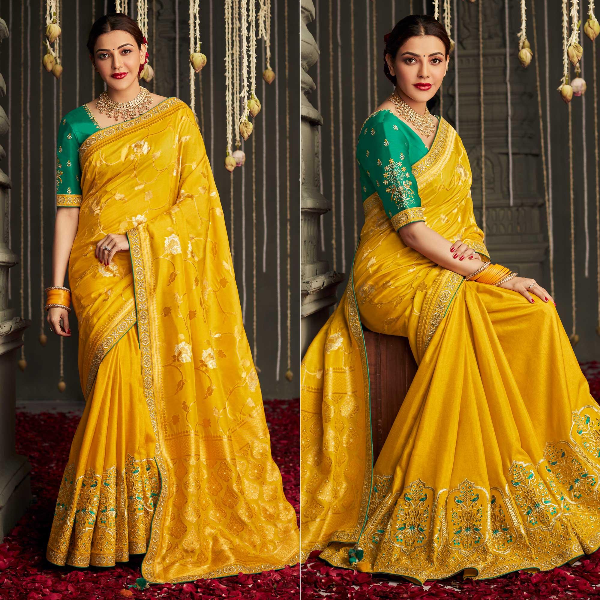 Yellow Woven With Embroidered Art Silk Saree With Tassels - Peachmode