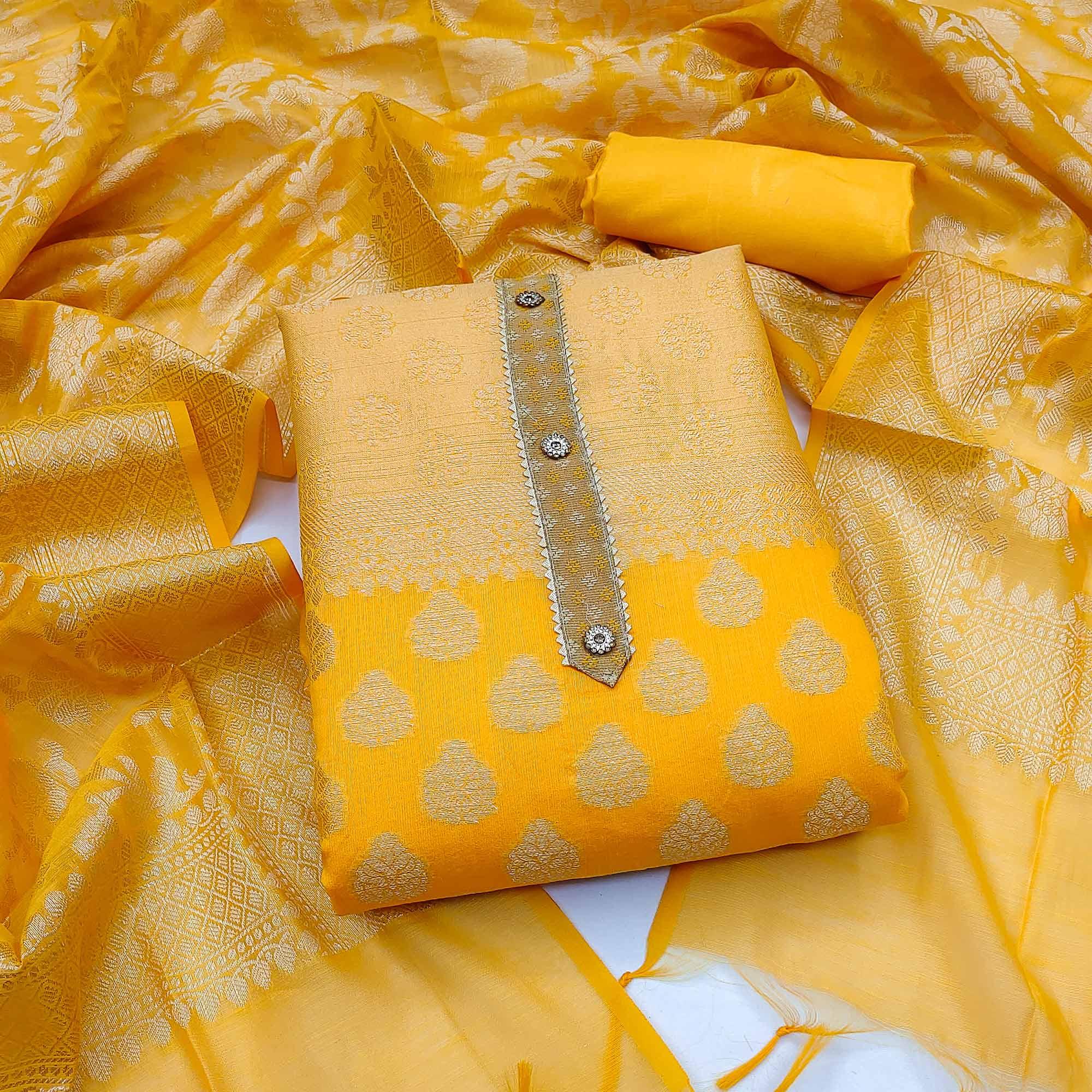 Yellow Woven With Gota Patti Work Banarasi Silk Dress Material - Peachmode