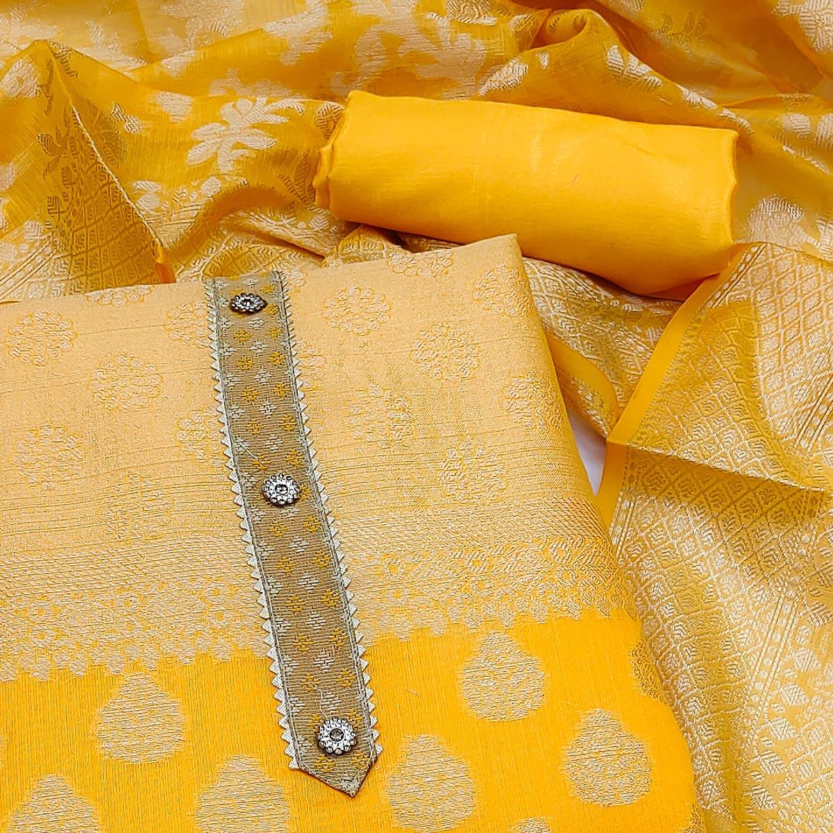 Yellow Woven With Gota Patti Work Banarasi Silk Dress Material - Peachmode