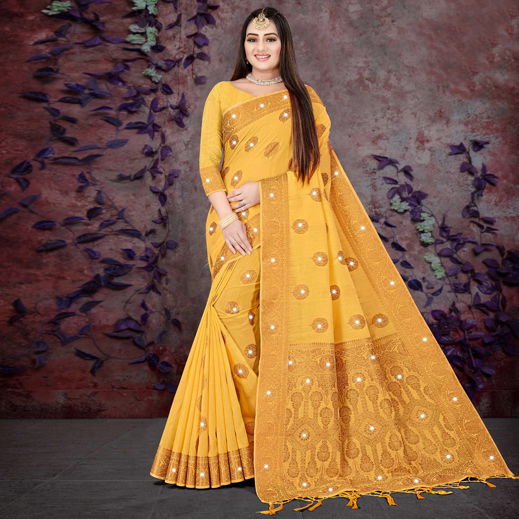 Yellow Woven With Swarovski Cotton Silk Saree - Peachmode