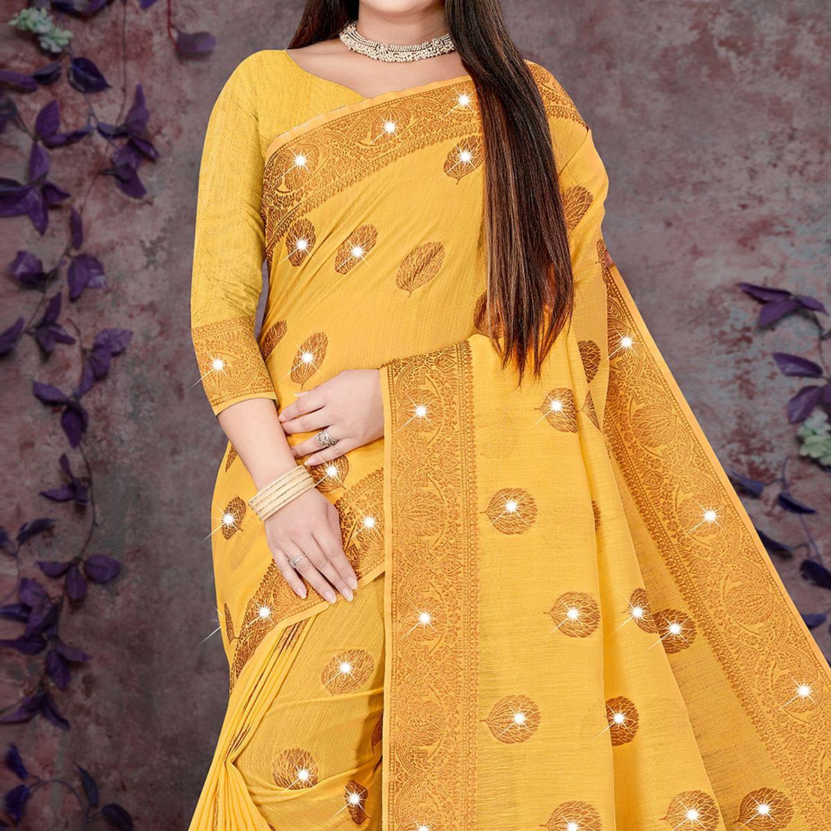 Yellow Woven With Swarovski Cotton Silk Saree - Peachmode