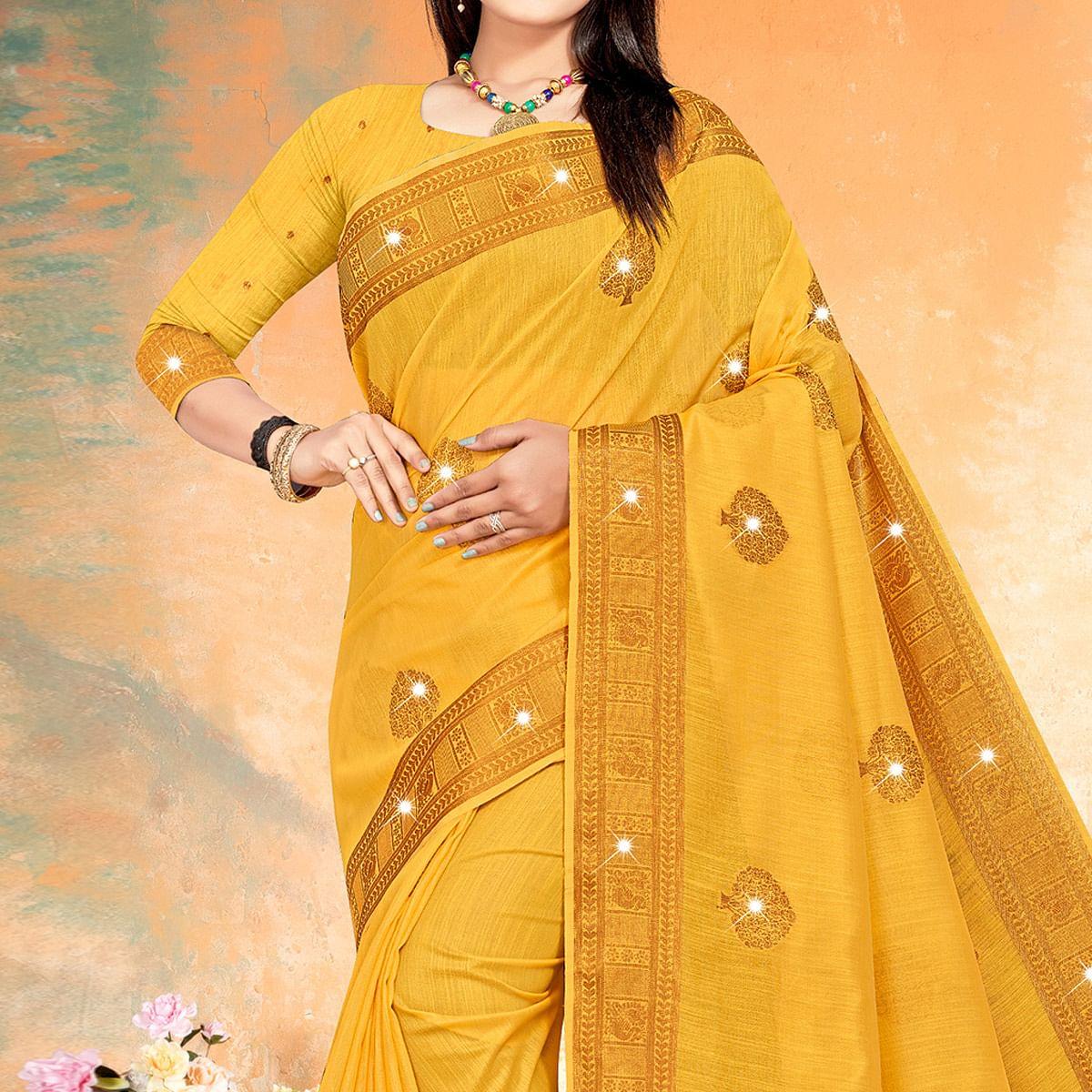 Yellow Woven With Swarovski Cotton Silk Saree - Peachmode
