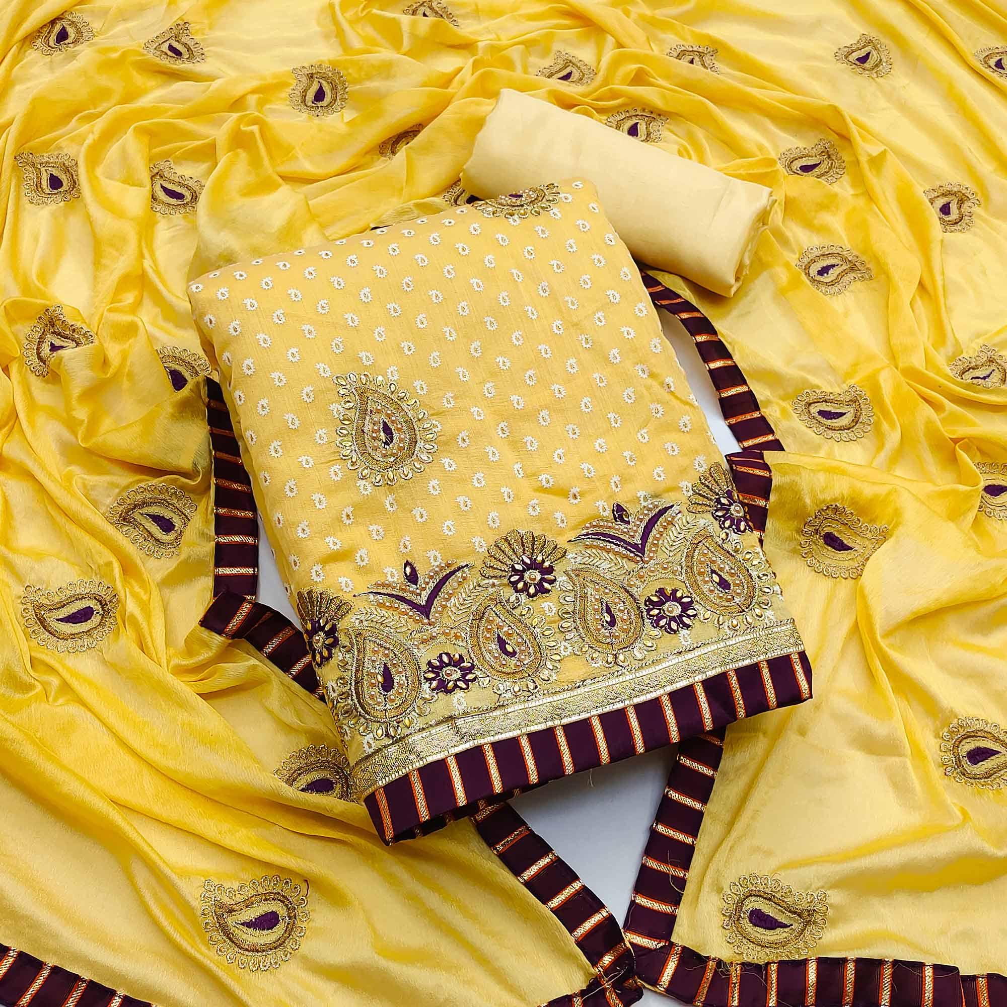 Yellow Zardosi Work Fancy Fabric Dress Material - Peachmode