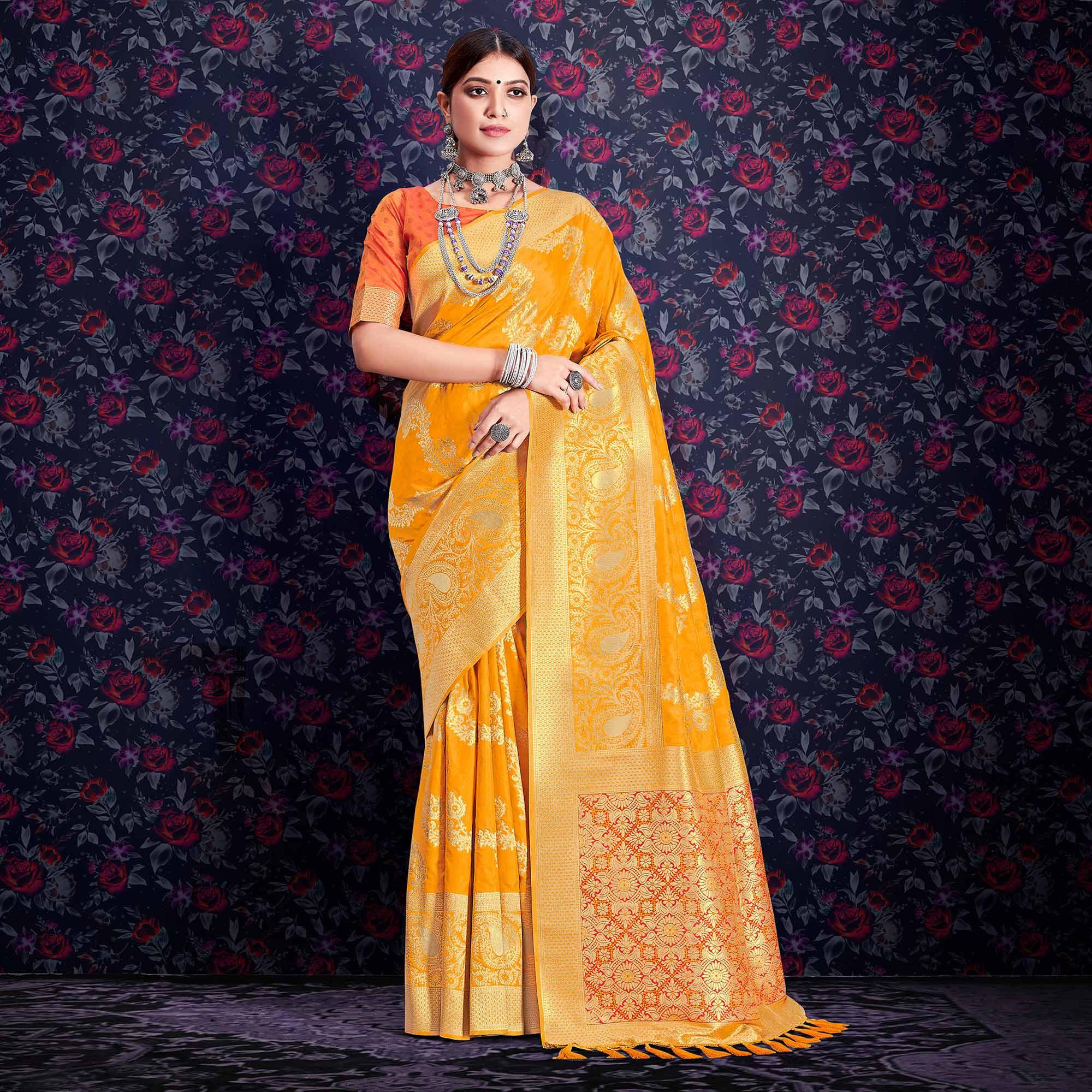 Yellow Zari Woven Art Silk Saree - Peachmode