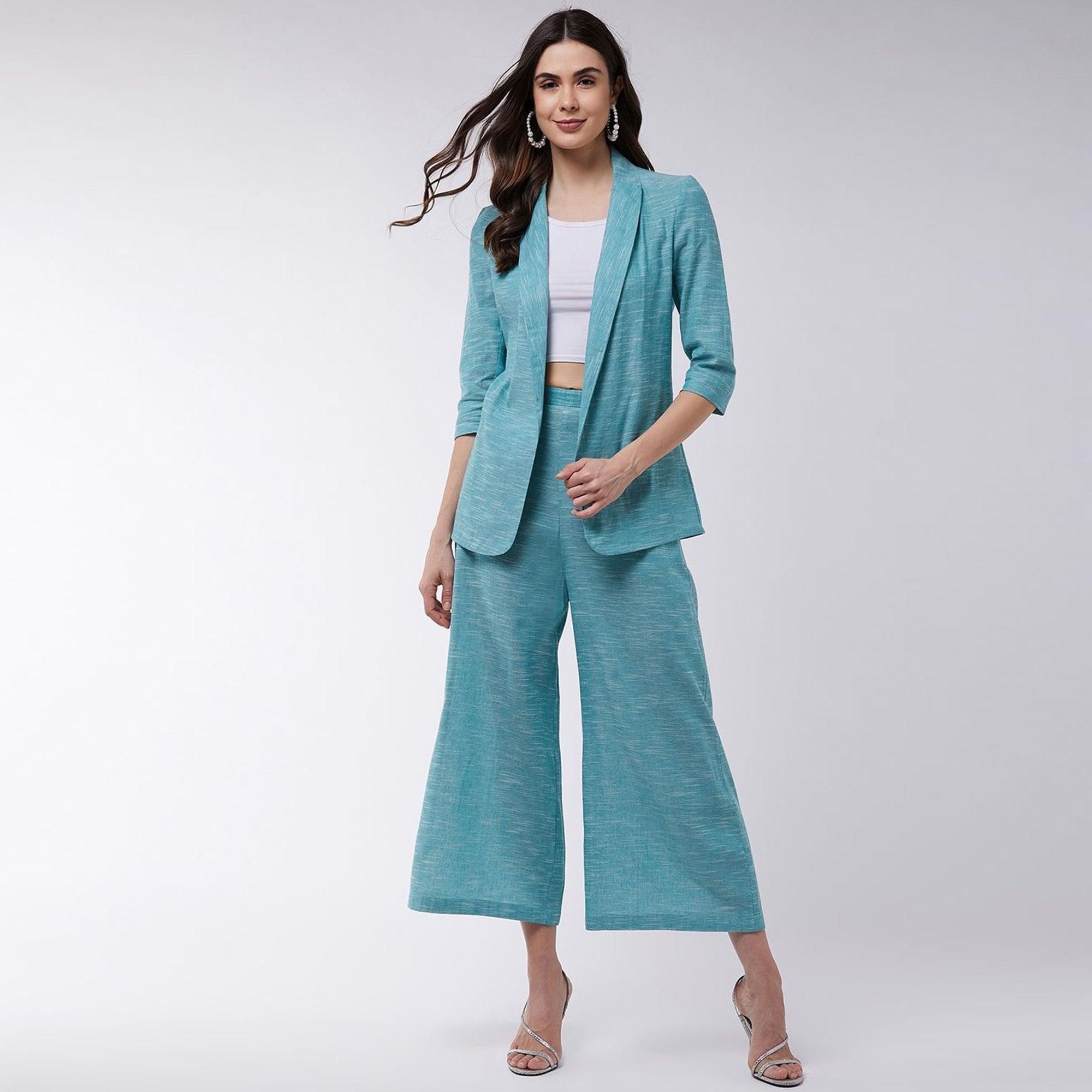 Zima Leto - Women's Green Colored Chambray Long Blazer And Pant Set - Peachmode