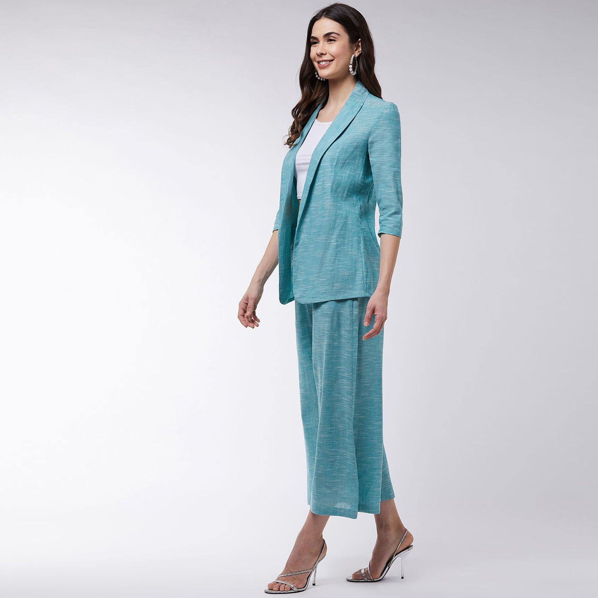 Zima Leto - Women's Green Colored Chambray Long Blazer And Pant Set - Peachmode