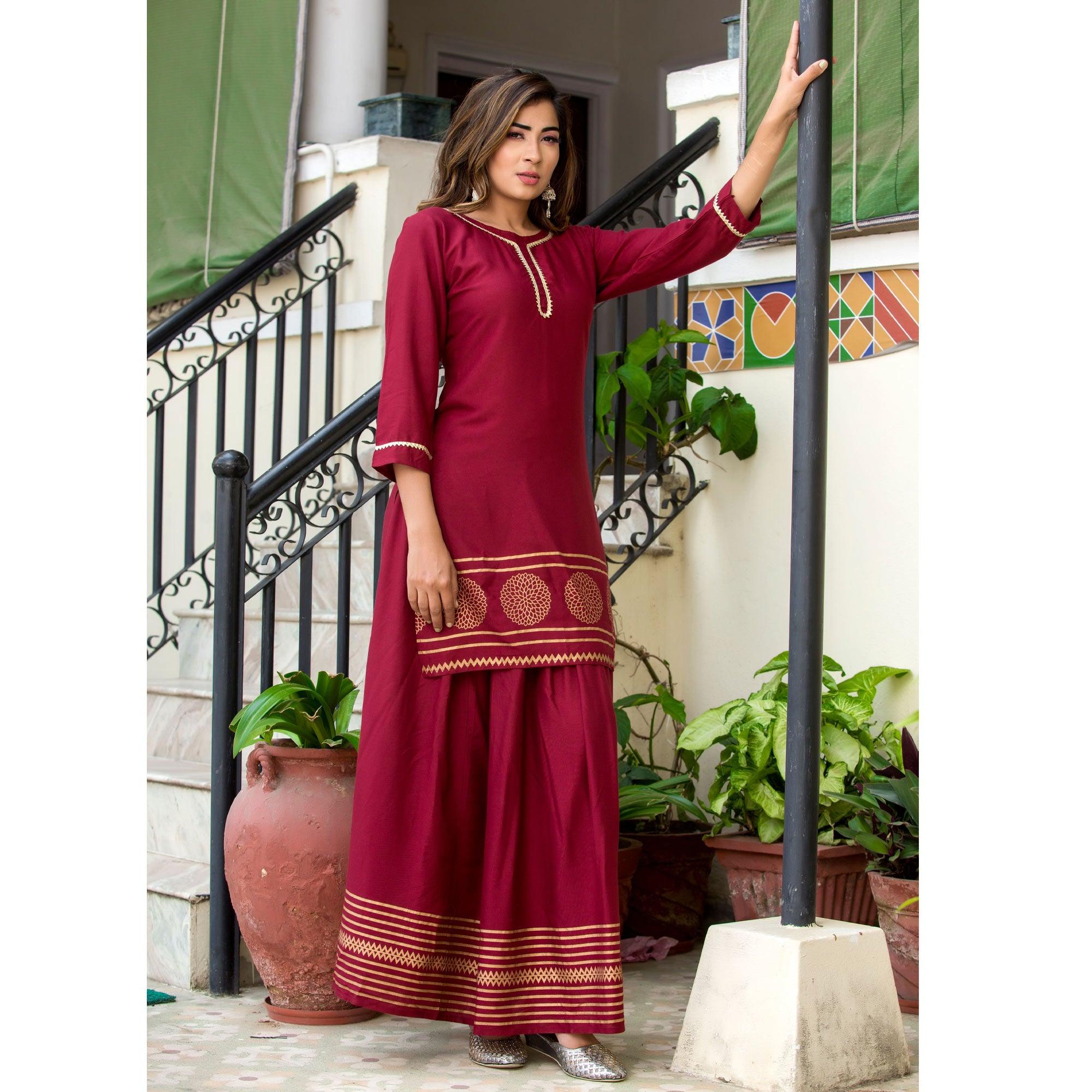 Zyla - Maroon Colored Mialo Rayon Kurti With Skirt - Peachmode