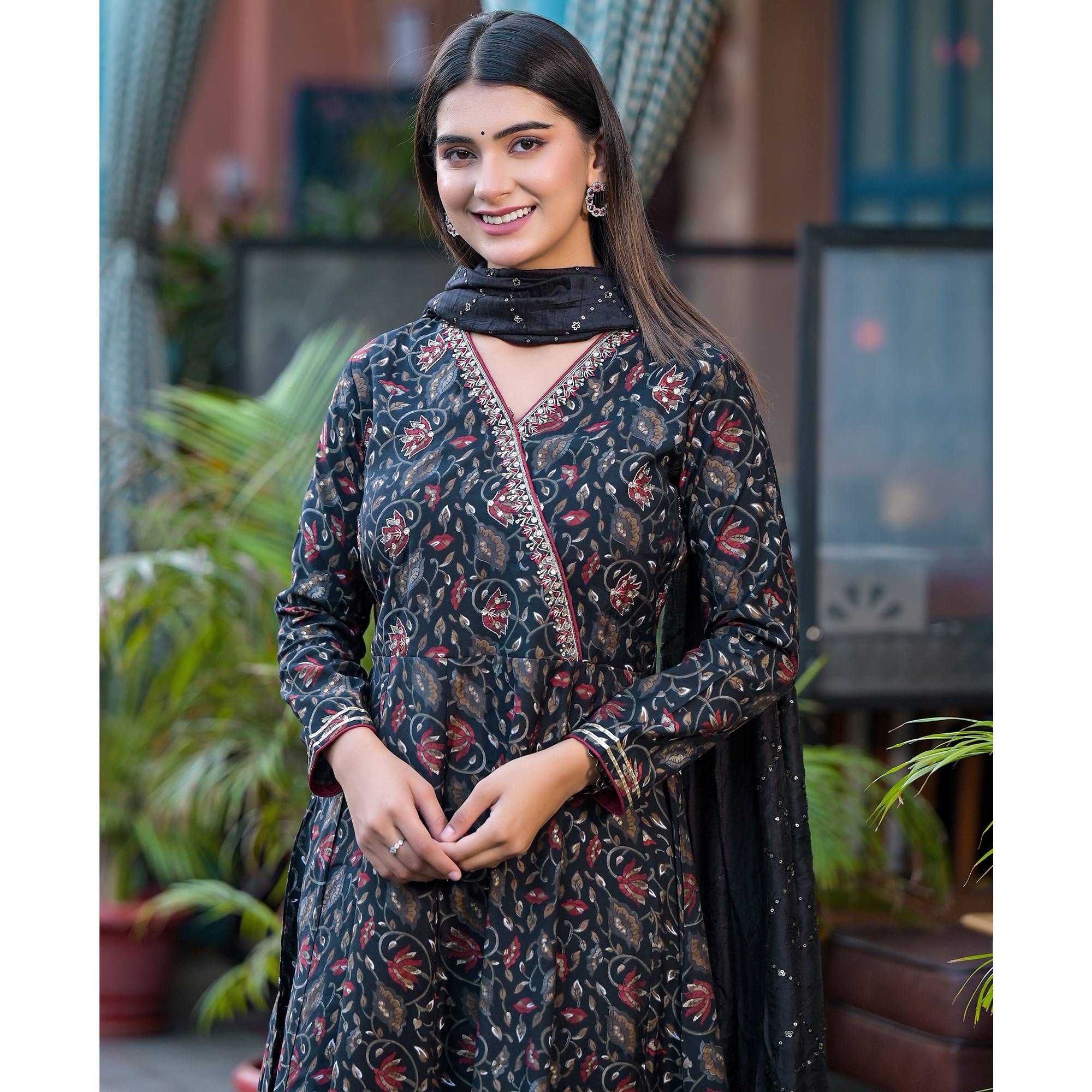 Black Floral Printed Chanderi Silk Anarkali Salwar Suit