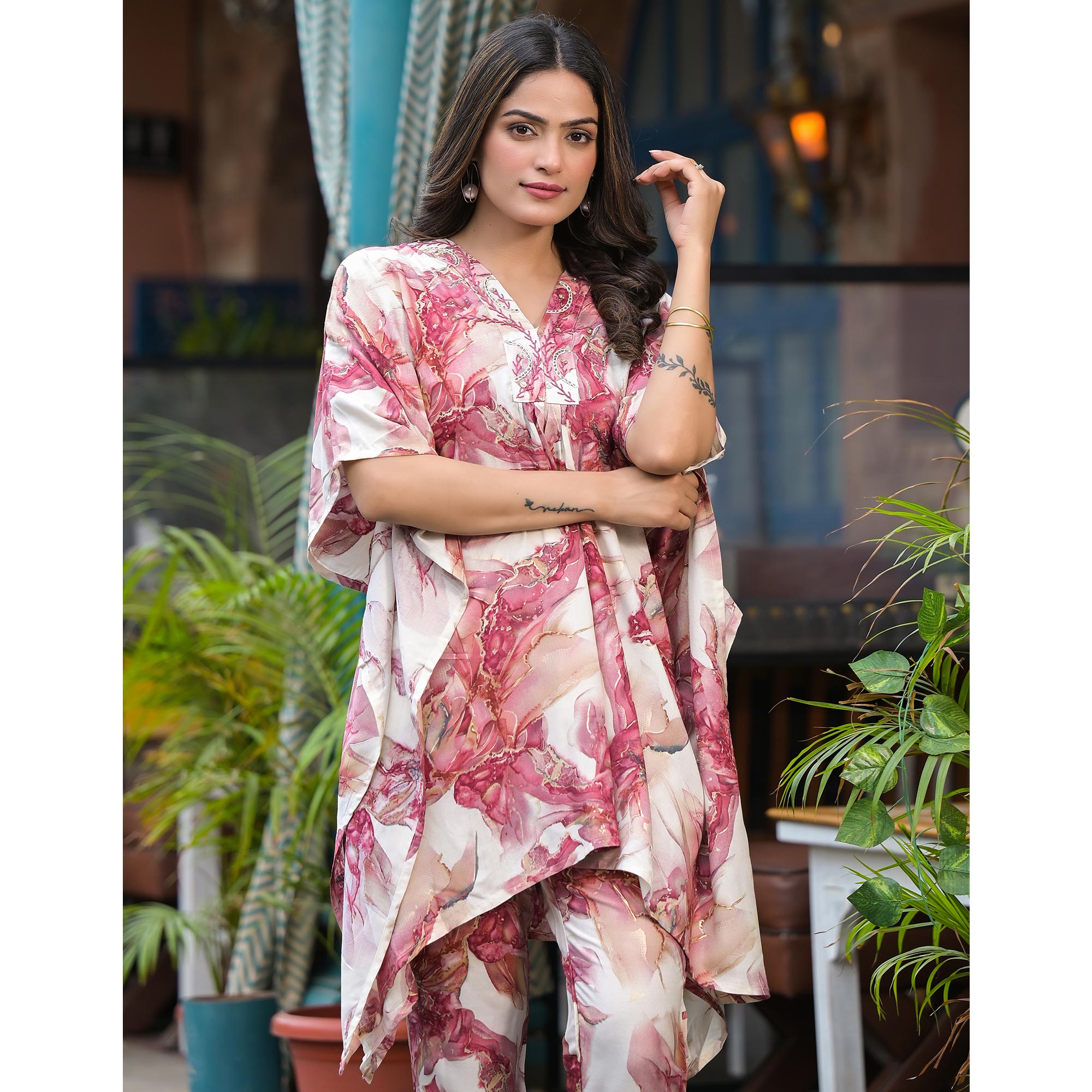 Mauve Foil Printed Rayon Kaftan Co-Ord Set
