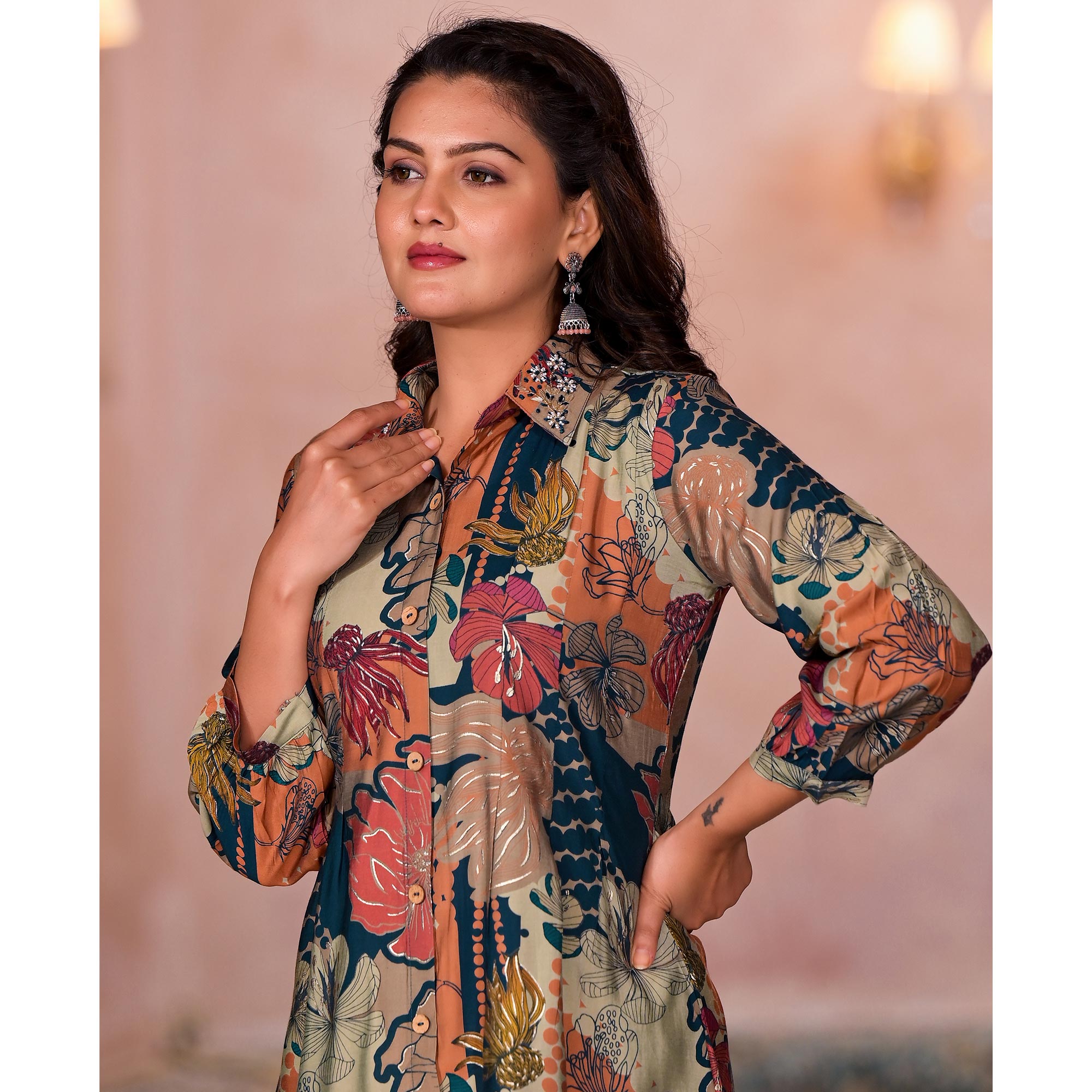 Green Floral Printed Chanderi Silk A-Line Dress
