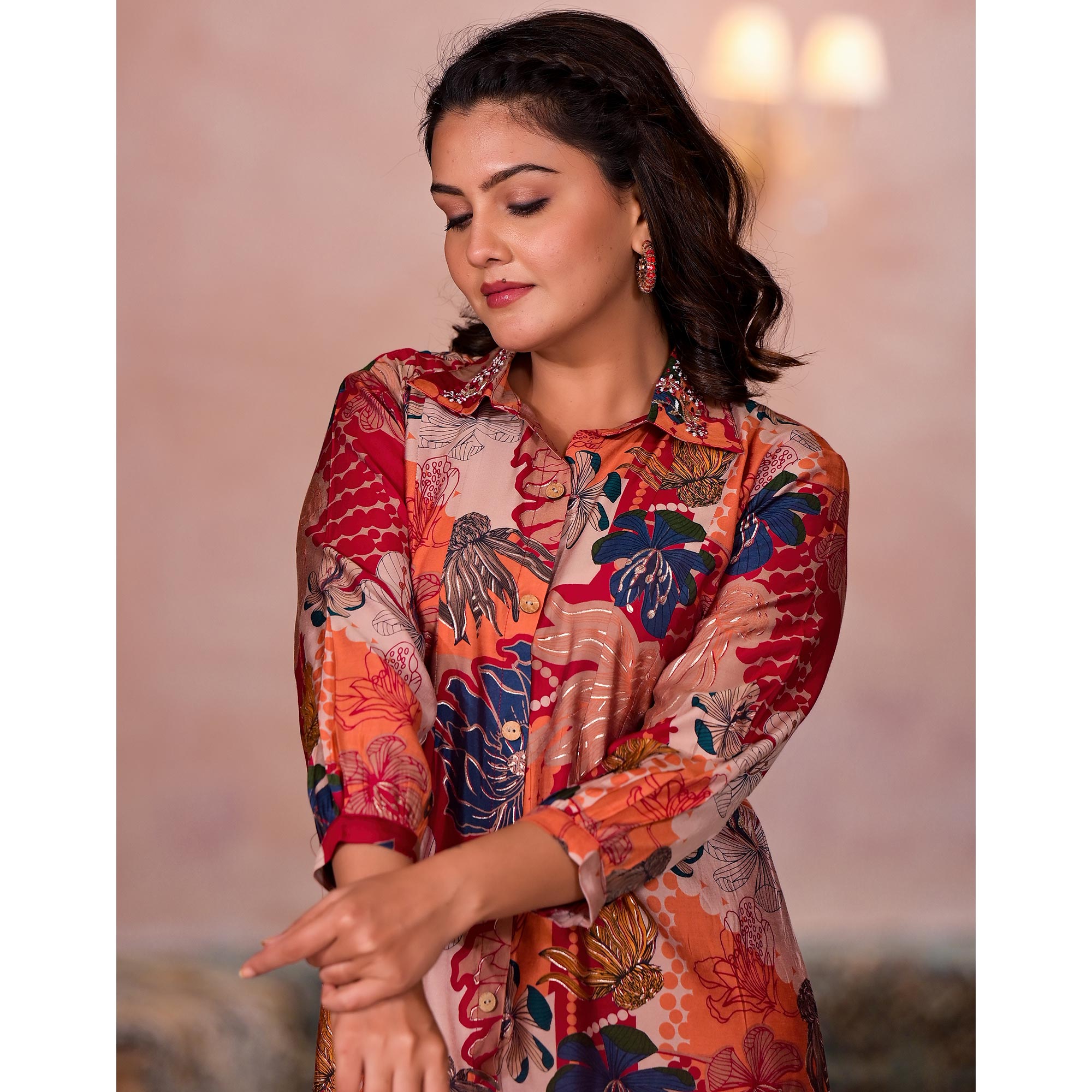 Rani Pink Floral Printed Chanderi Silk A-Line Dress