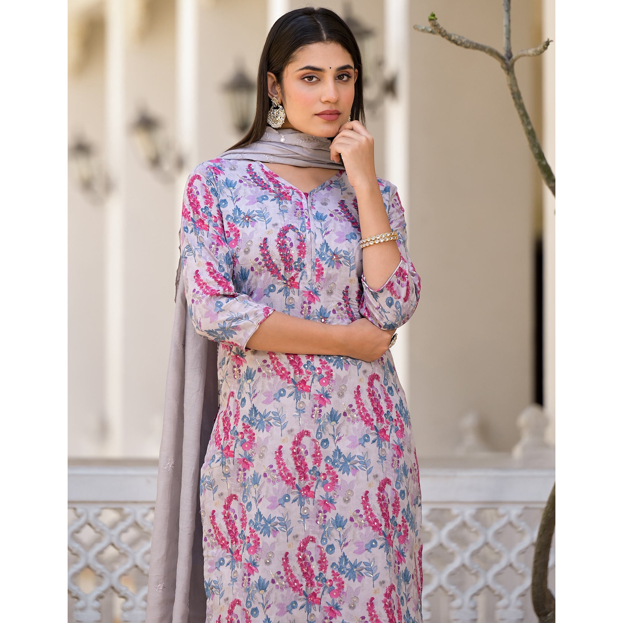 Grey Floral Printed Mulmul Cotton Salwar Suit With Handcrafted