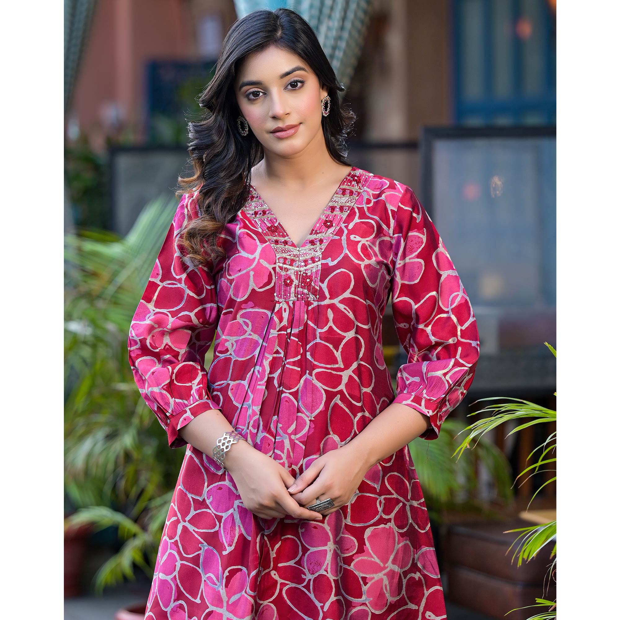 Red Floral Printed Chanderi Silk Co-Ord Set
