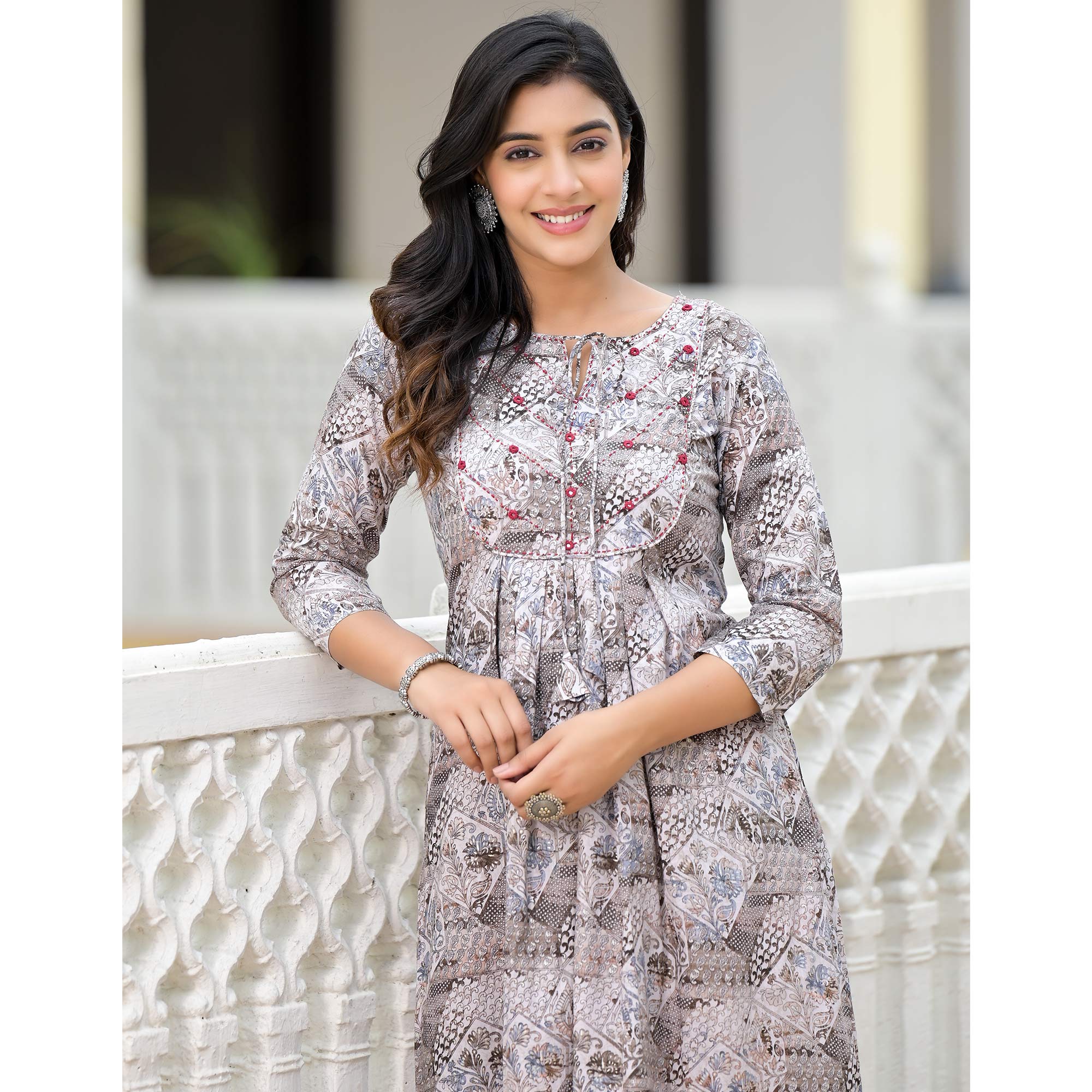 Grey Floral Printed Pure Cotton A-Line Dress