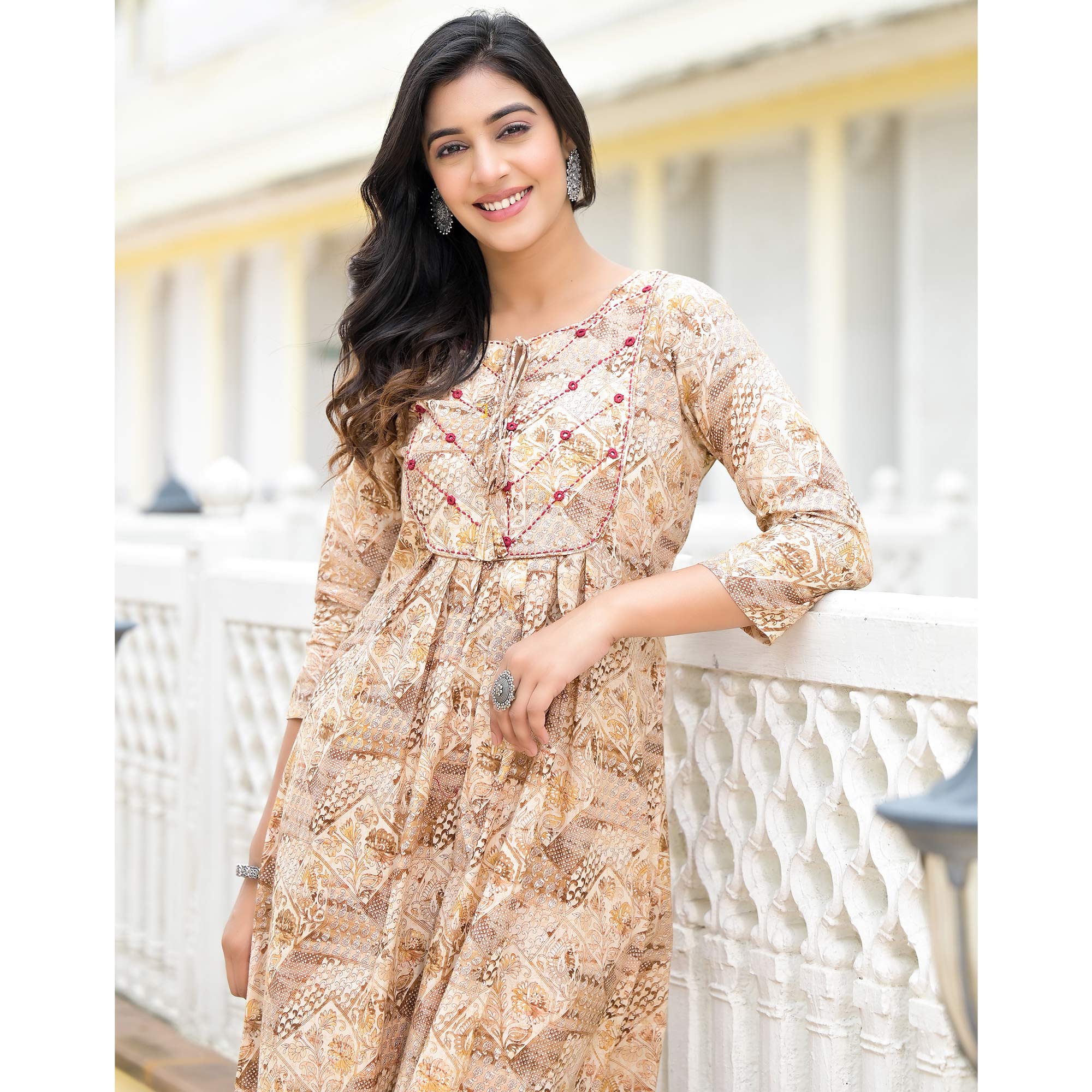 Mustard Floral Printed Pure Cotton A-Line Dress